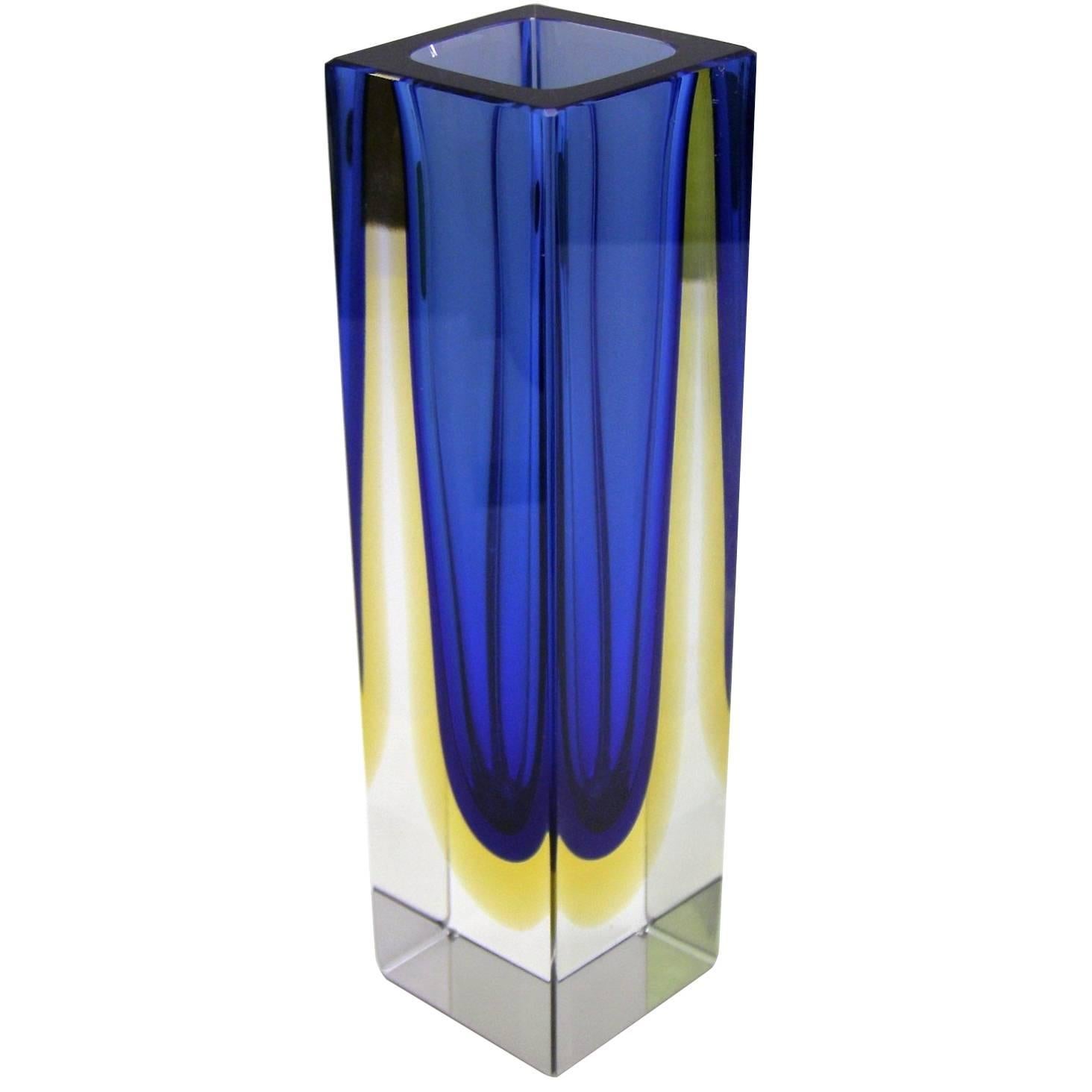 Alessandro Mandruzzato Double Sommerso Cobalt and Yellow Vase For Sale