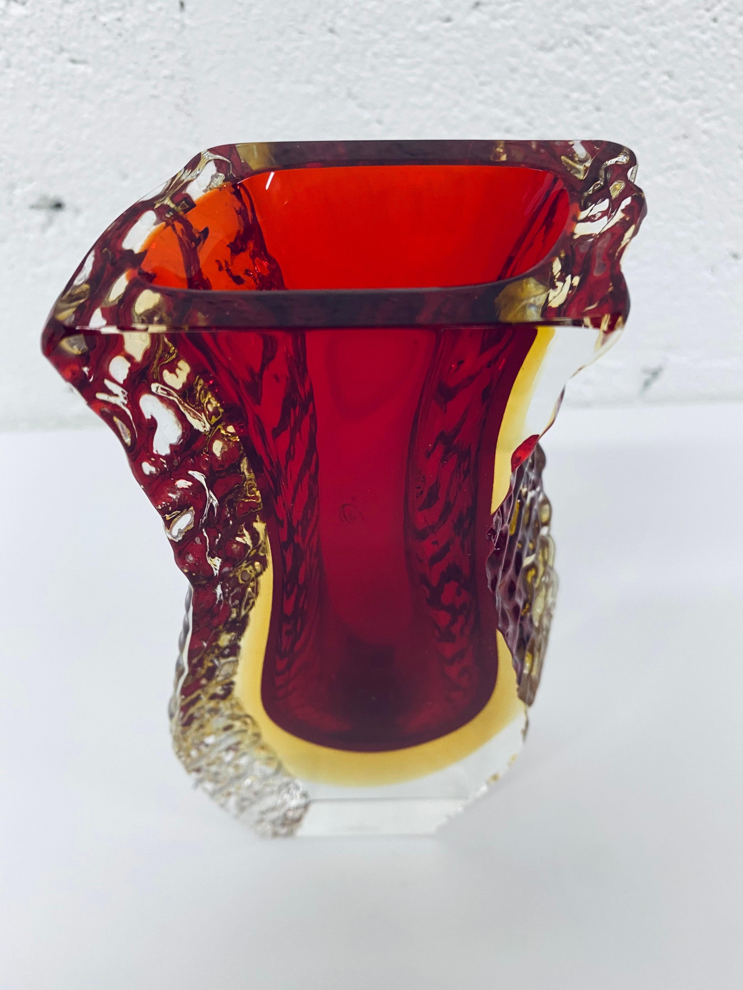 Italian Alessandro Mandruzzato Faceted and Textured Murano Sommerso Glass Vase