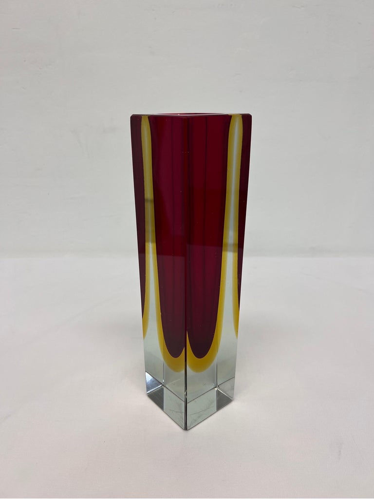 Mid-Century Modern Alessandro Mandruzzato Hand Worked Red and Yellow Sommerso Block Vase For Sale