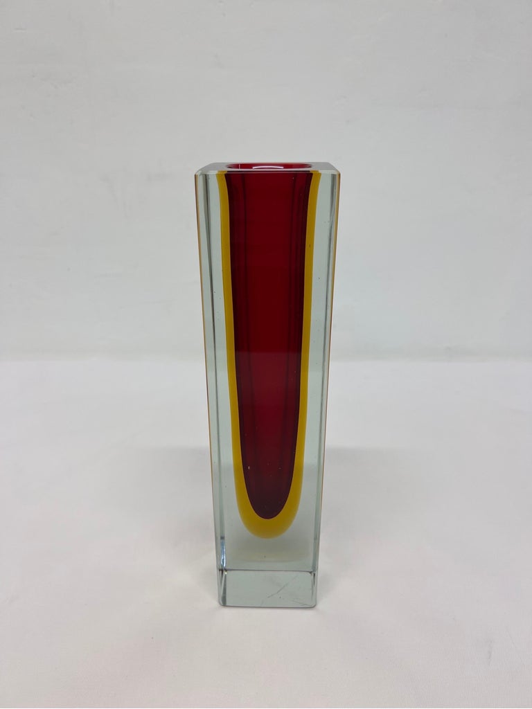 Italian Alessandro Mandruzzato Hand Worked Red and Yellow Sommerso Block Vase For Sale
