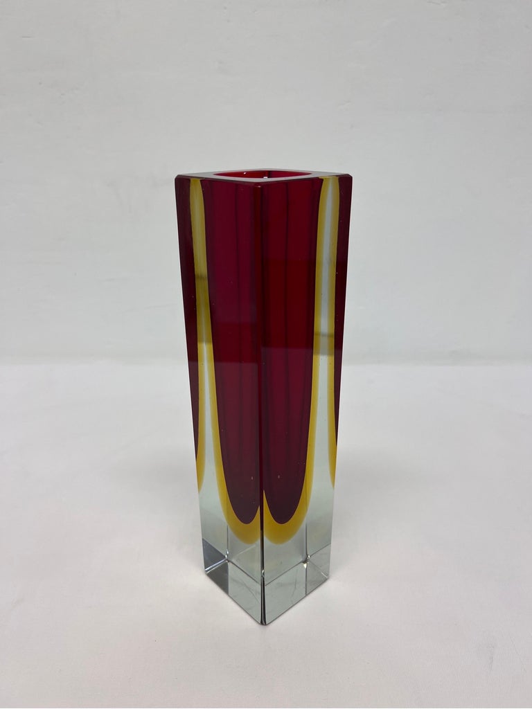 Alessandro Mandruzzato Hand Worked Red and Yellow Sommerso Block Vase In Good Condition For Sale In Miami, FL