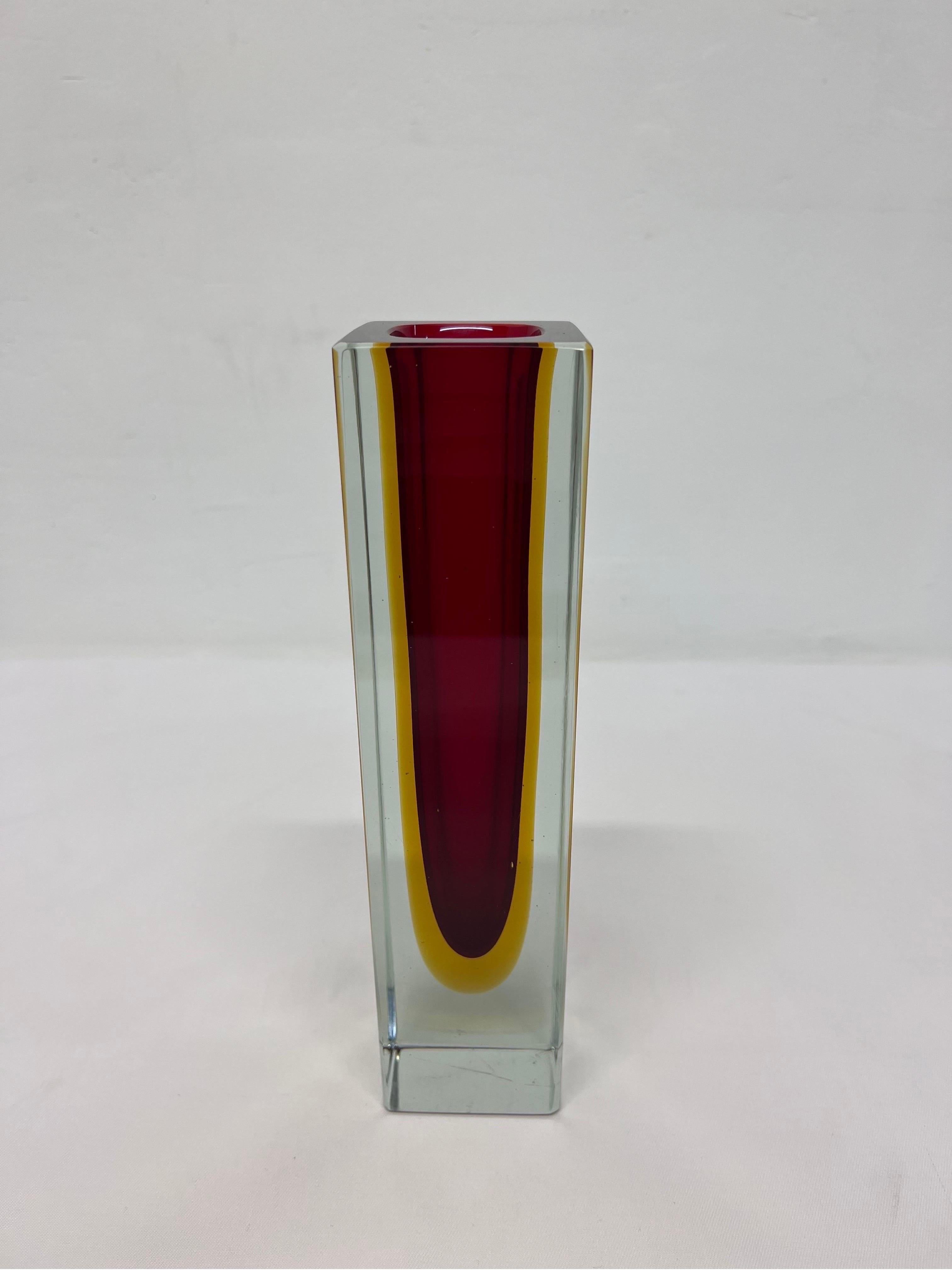 20th Century Alessandro Mandruzzato Hand Worked Red and Yellow Sommerso Block Vase For Sale