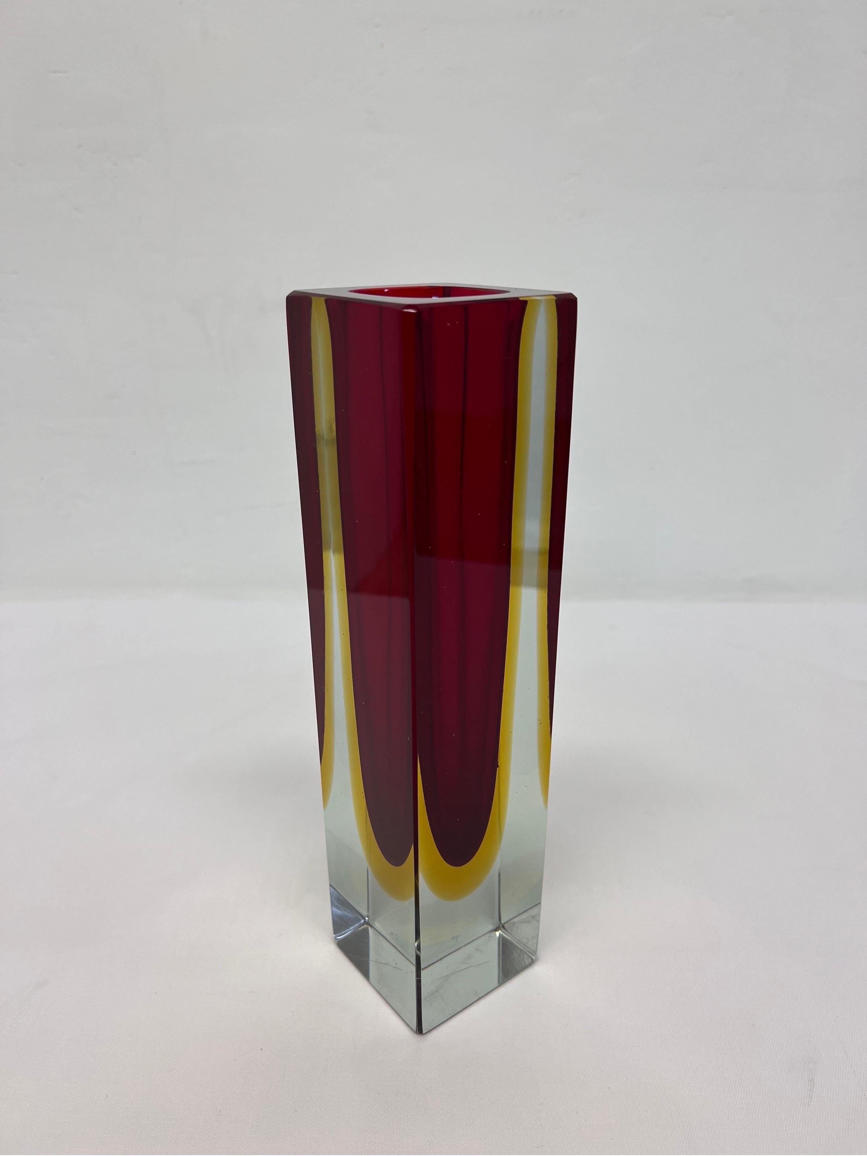 Murano Glass Alessandro Mandruzzato Hand Worked Red and Yellow Sommerso Block Vase For Sale