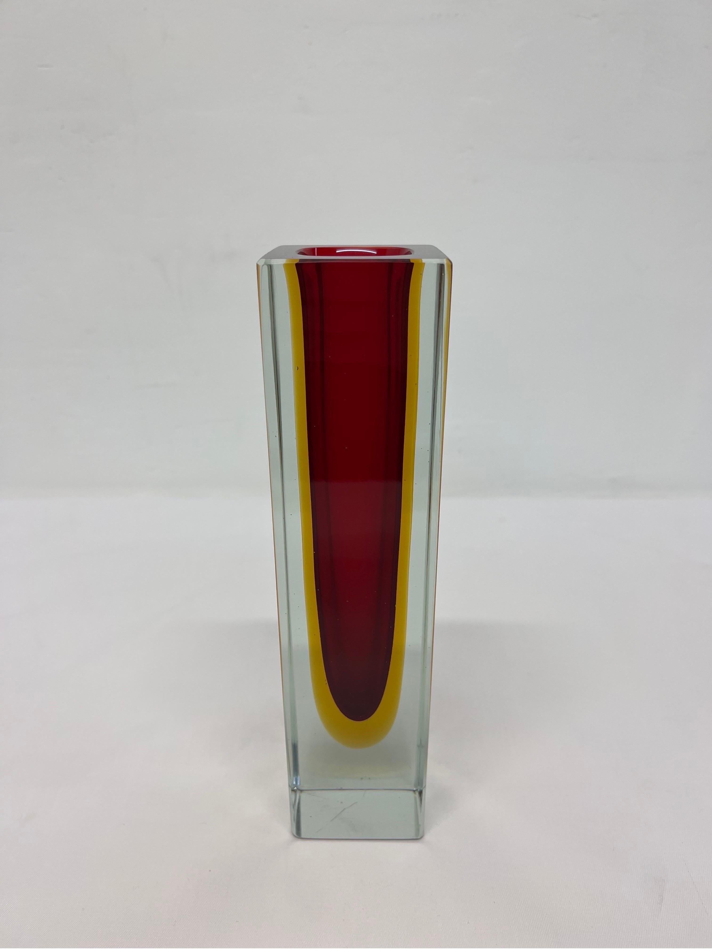 Alessandro Mandruzzato Hand Worked Red and Yellow Sommerso Block Vase For Sale 1