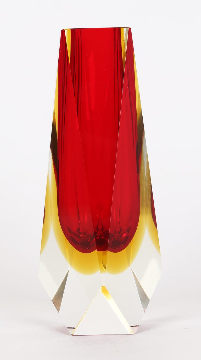Mid-Century Modern Alessandro Mandruzzato Italian Murano Sommerso Facet Cut Glass Vase For Sale
