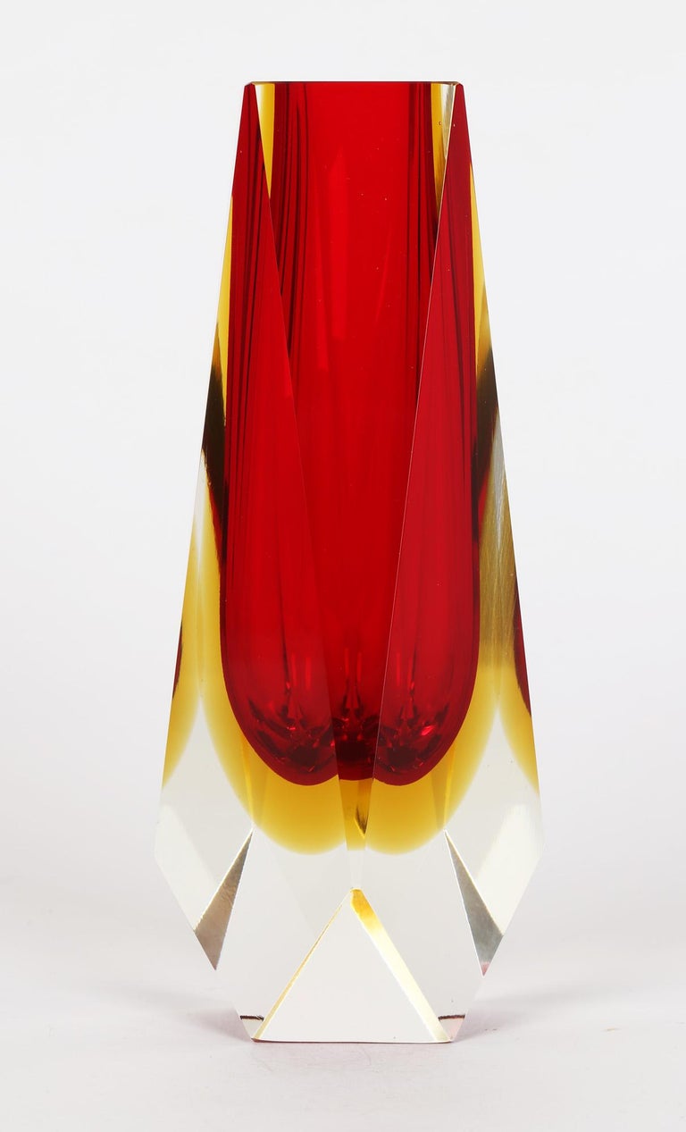 Blown Glass Alessandro Mandruzzato Italian Murano Sommerso Facet Cut Glass Vase For Sale