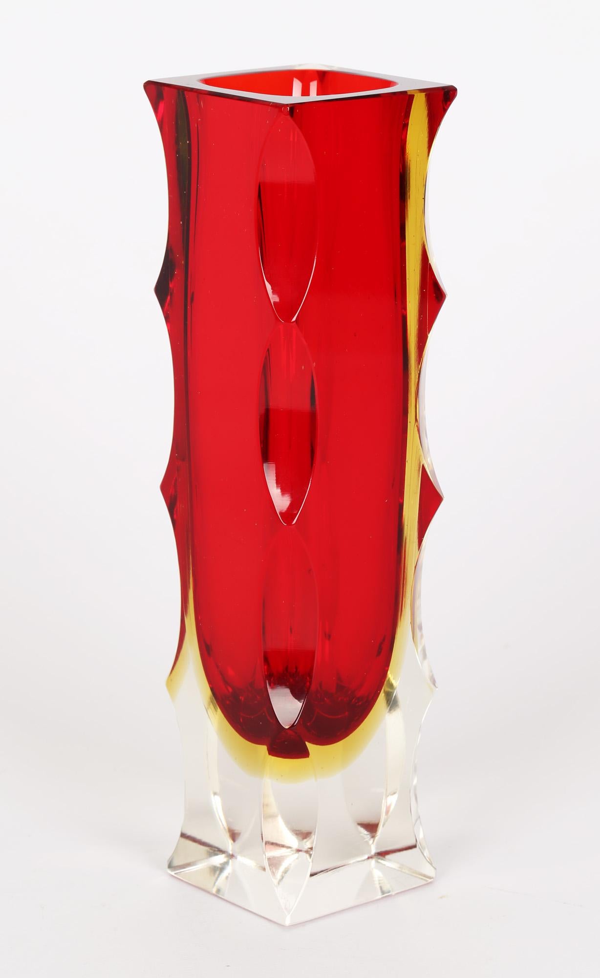Hand-Crafted Alessandro Mandruzzato Italian Murano Sommerso Facet Edge Art Glass Vase For Sale