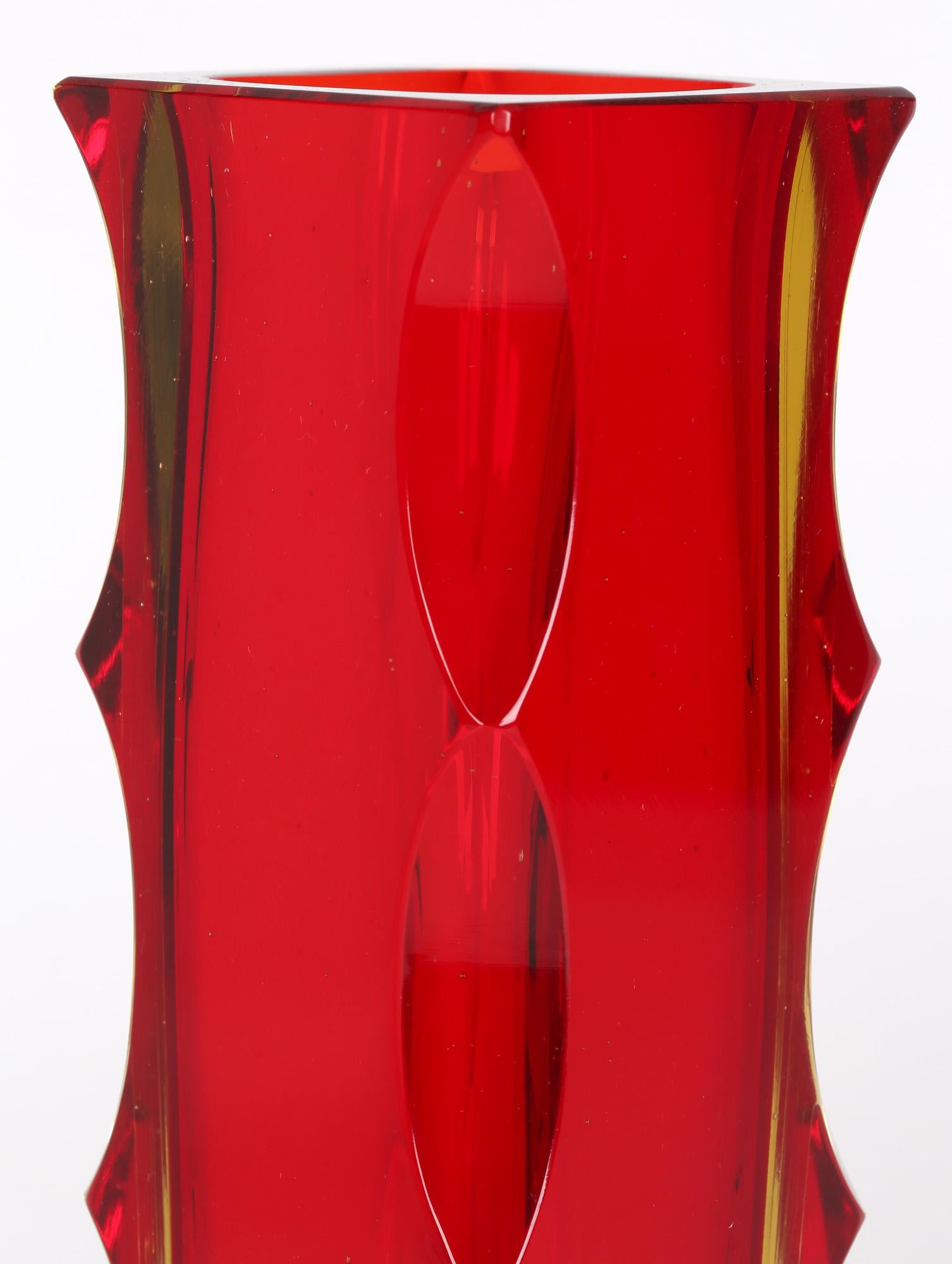 Mid-20th Century Alessandro Mandruzzato Italian Murano Sommerso Facet Edge Art Glass Vase For Sale