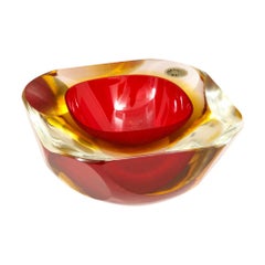 Vintage Alessandro Mandruzzato Murano Glass Bowl, Sommerso, Faceted, Red, Amber, Signed
