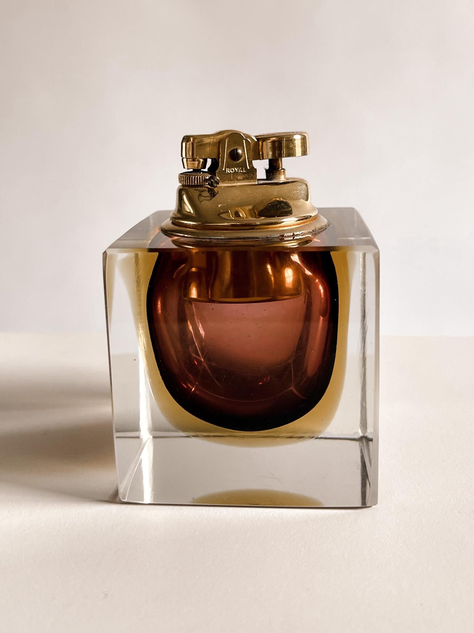 Modern Alessandro Mandruzzato Sommerso Murano Faceted Glass Ashtray and Lighter For Sale