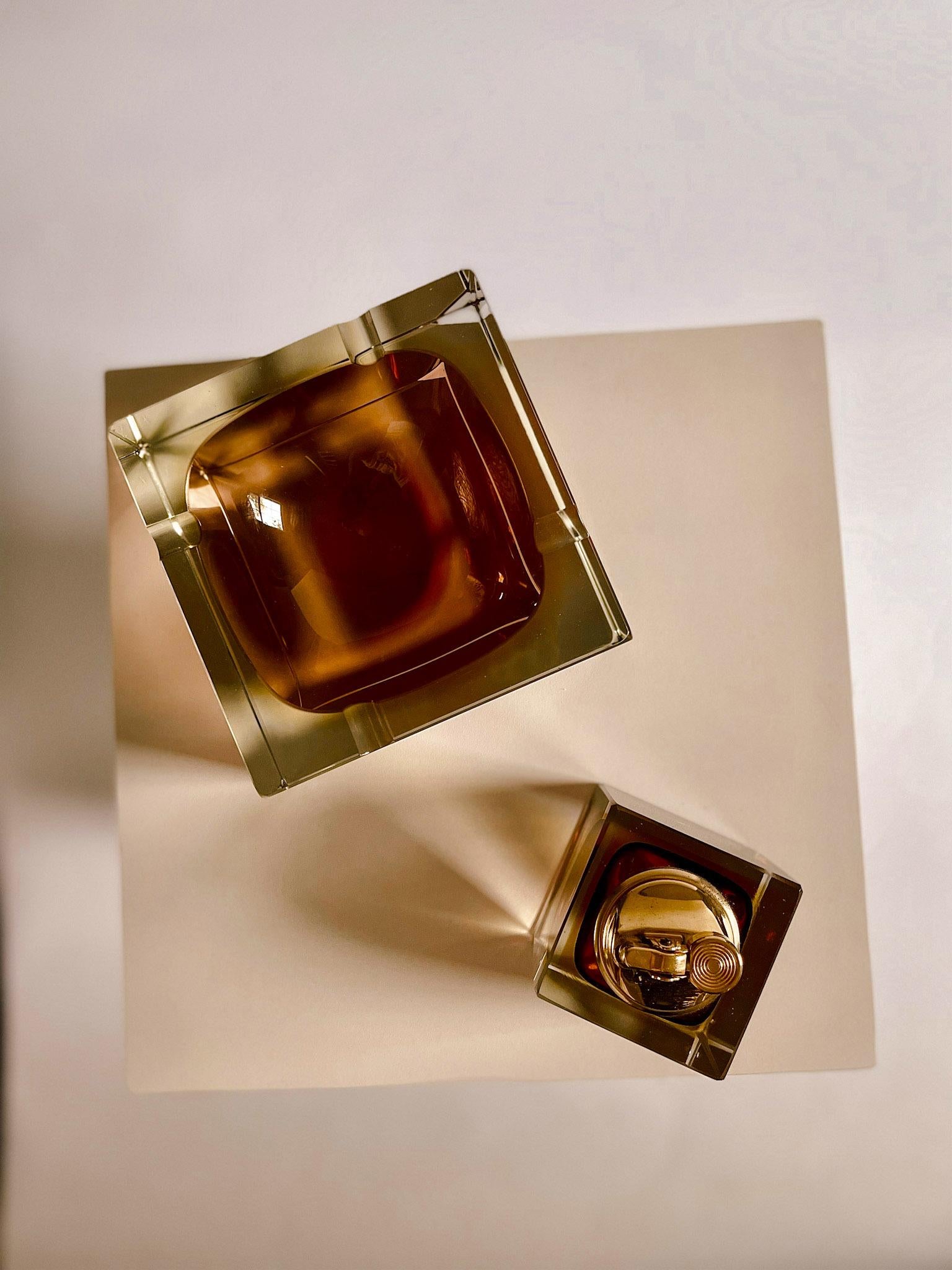 Late 20th Century Alessandro Mandruzzato Sommerso Murano Faceted Glass Ashtray and Lighter For Sale