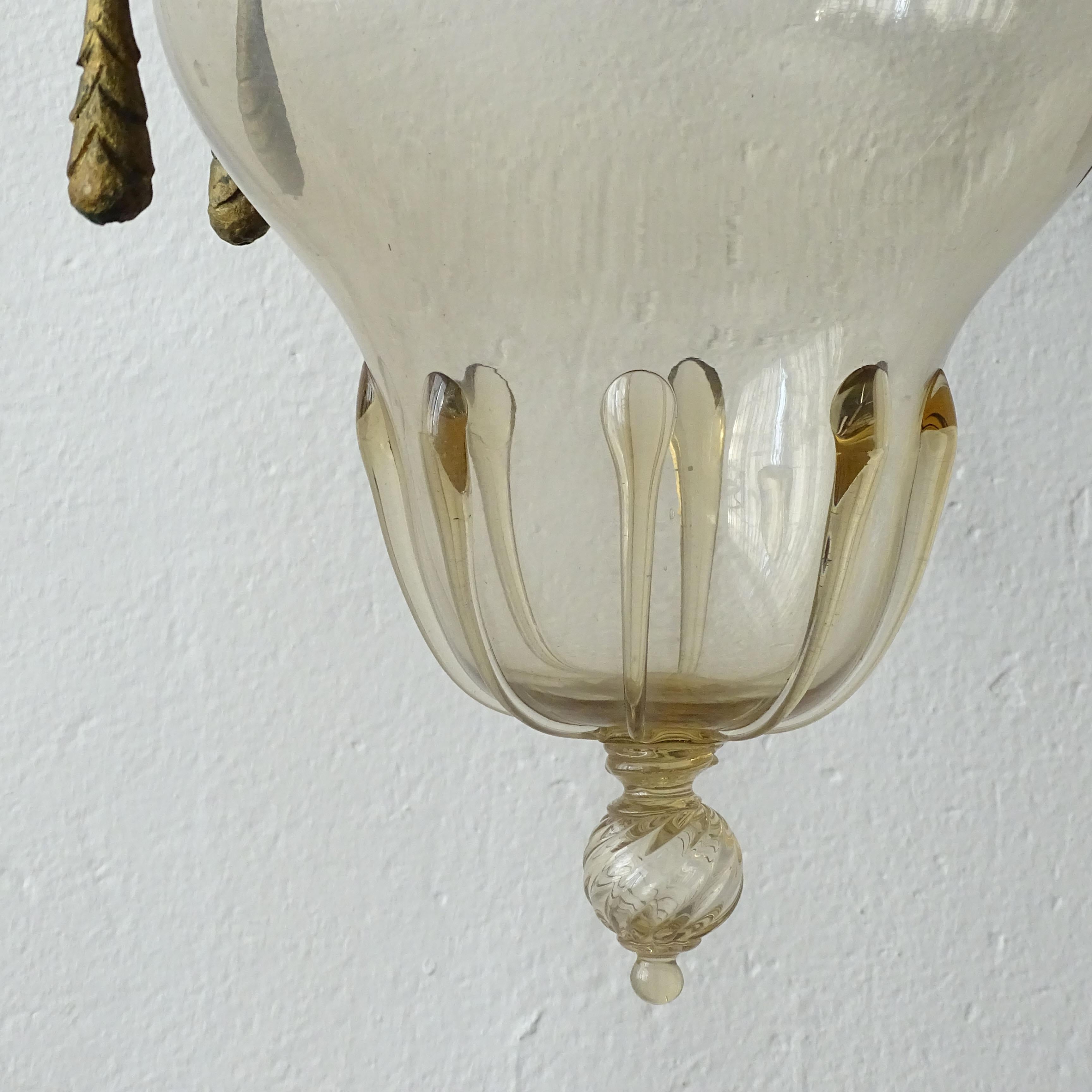 Art Deco Alessandro Mazzucotelli wrought Iron and Murano glass ceiling lamp, Italy 1920s For Sale