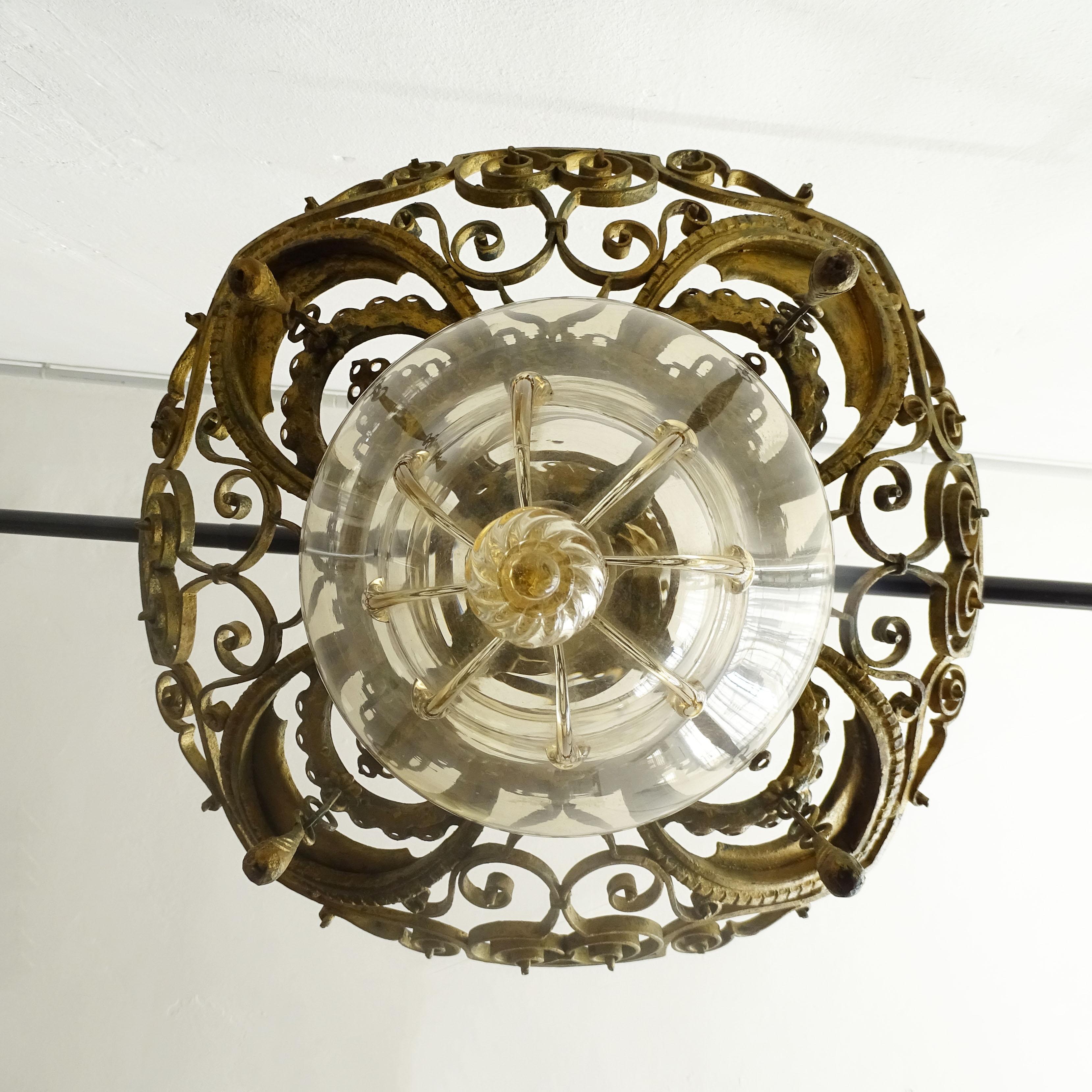 Murano Glass Alessandro Mazzucotelli wrought Iron and Murano glass ceiling lamp, Italy 1920s For Sale