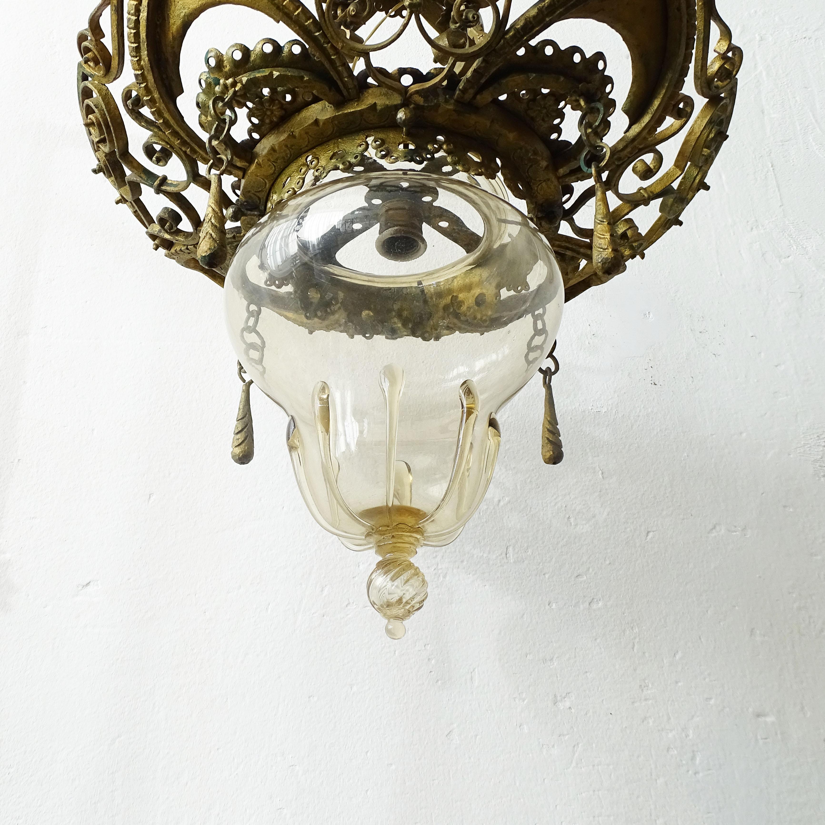 Alessandro Mazzucotelli wrought Iron and Murano glass ceiling lamp, Italy 1920s For Sale 2