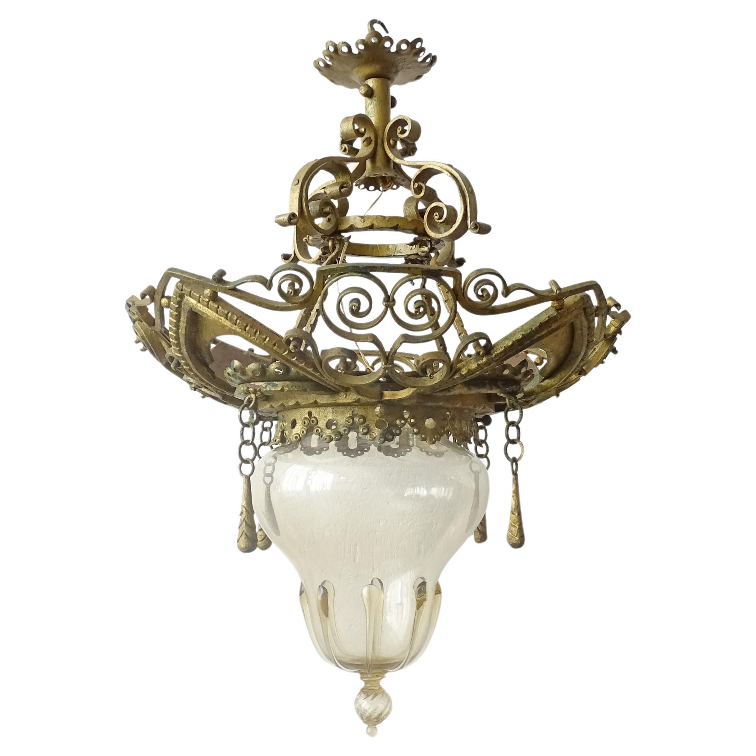 Alessandro Mazzucotelli wrought Iron and Murano glass ceiling lamp, Italy 1920s For Sale