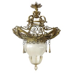 Antique Alessandro Mazzucotelli wrought Iron and Murano glass ceiling lamp, Italy 1920s