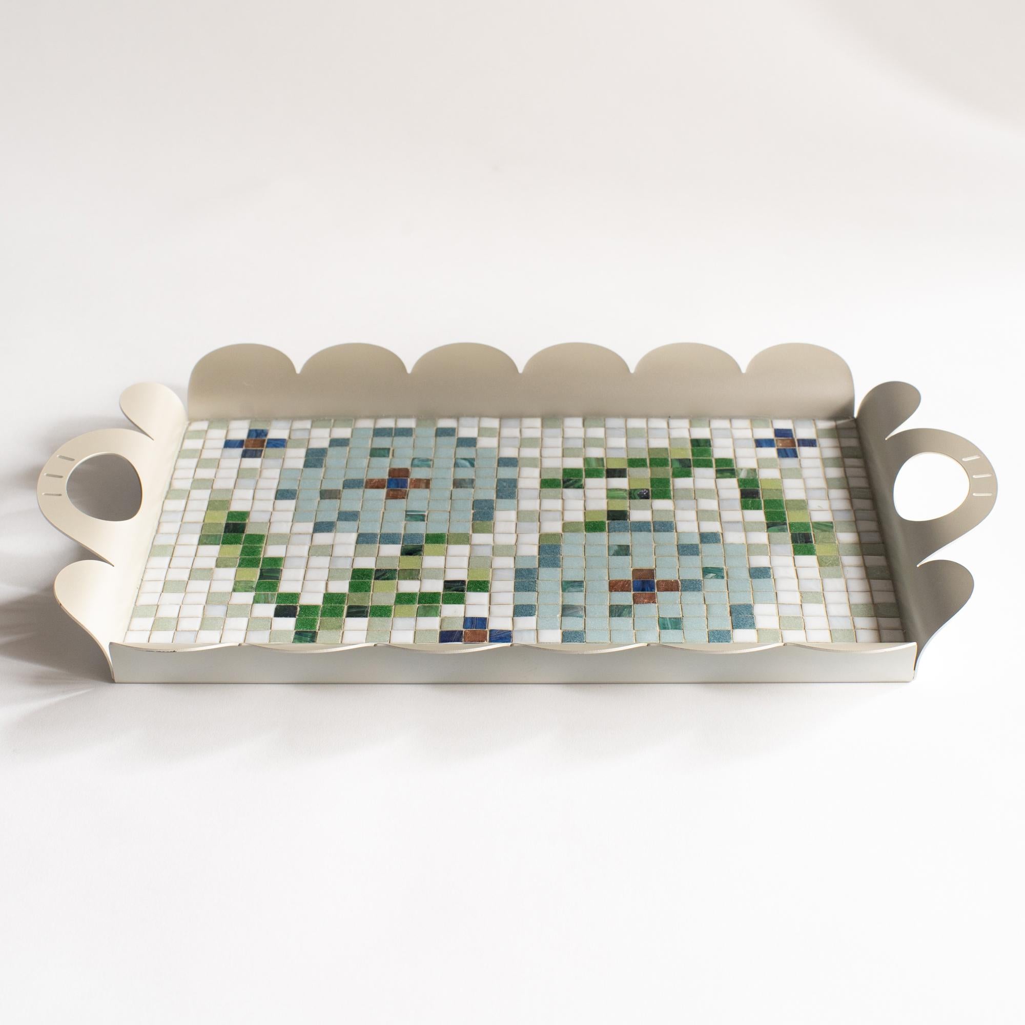 Alessandro Mendini Recinto Jazz tray collaborated with Bisazza glass mosaic.
Limited numbered edition published in 2000. Never used condition.