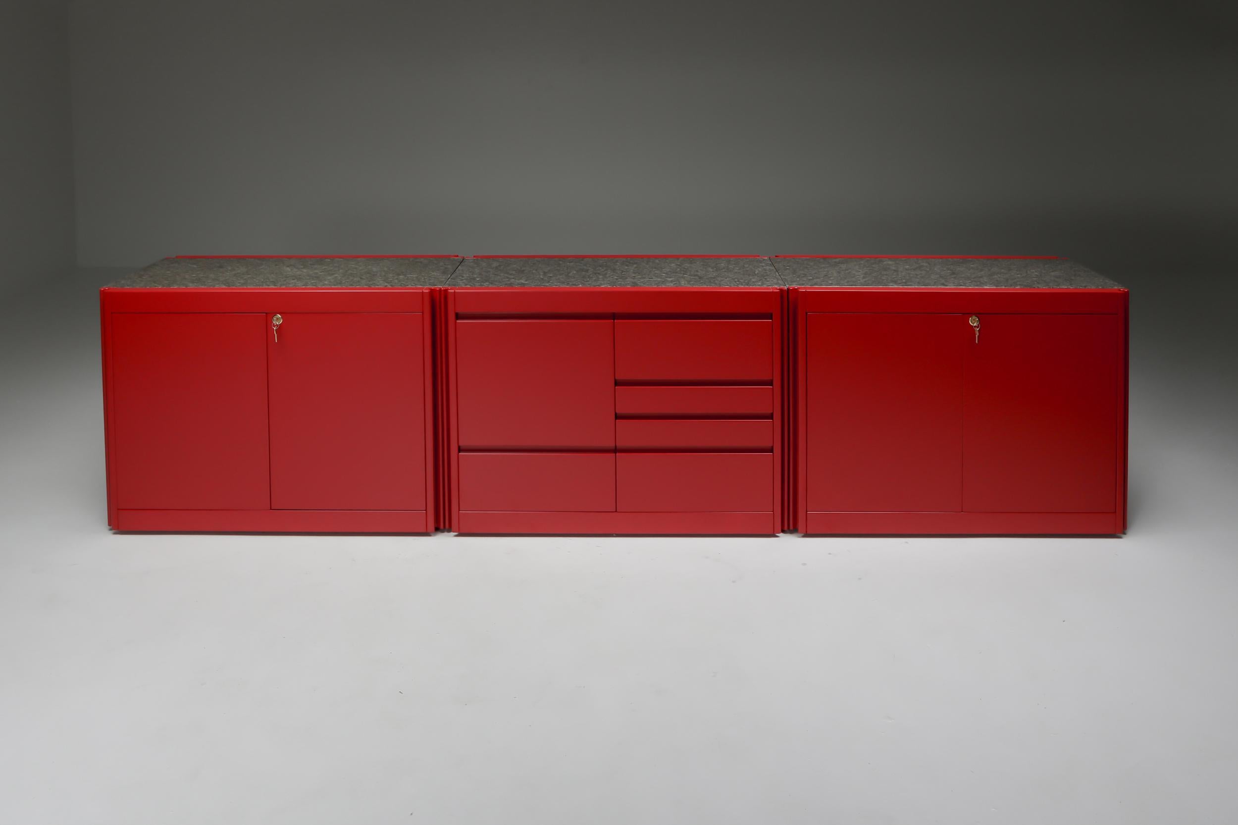 Sideboard; red lacquered; wood; granite; 1970s; Italy; Italian Design; 4D Sideboard by Angelo Mangiarotti for Molteni;

Modular storage unit by Italian designer Angelo Mangiarotti for Molteni, in red lacquered wood and a granite top, designed in the