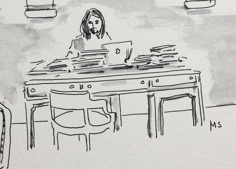 Modern Alessandro Michele in His Studio, Watercolor and Ink on Paper For Sale