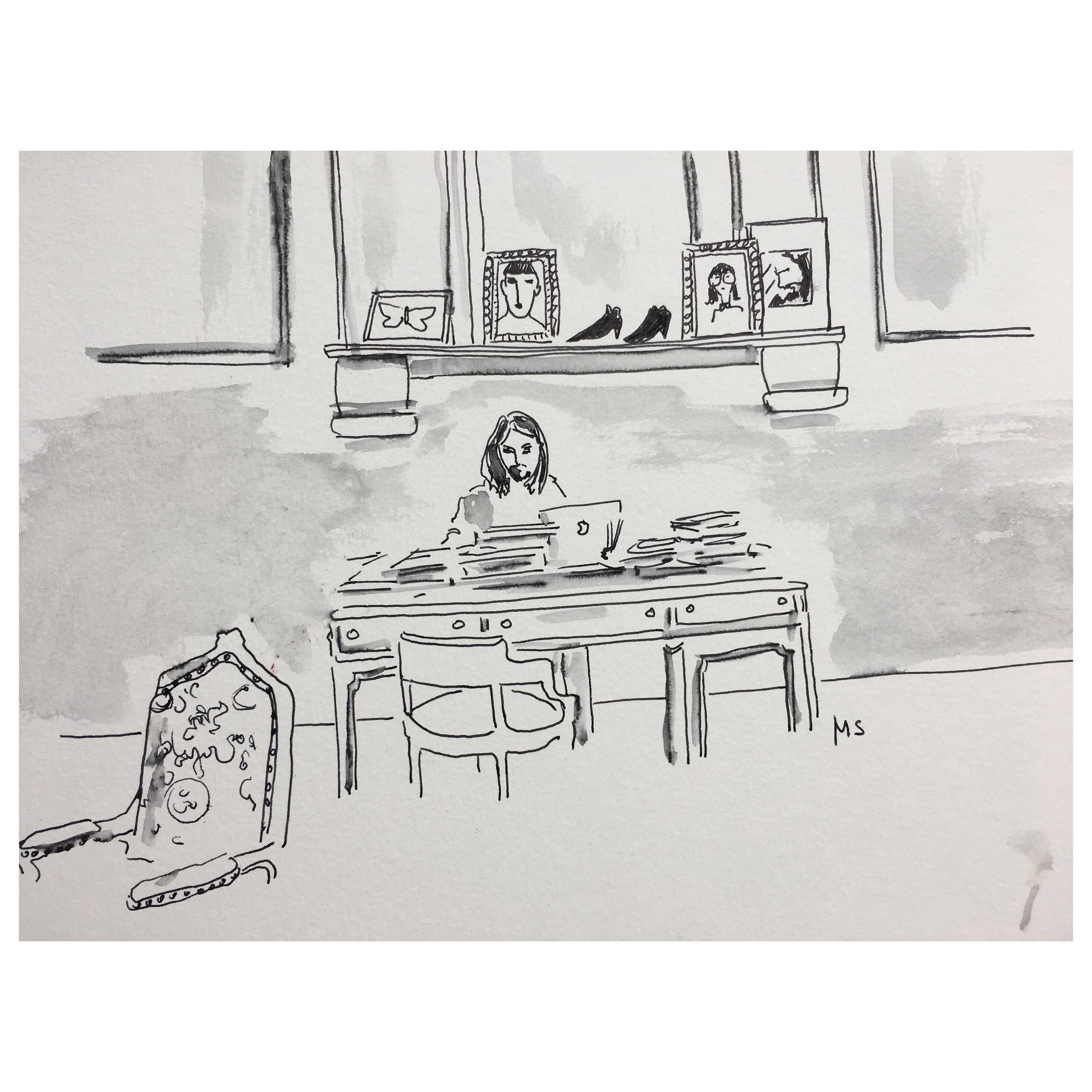 Alessandro Michele in His Studio, Watercolor and Ink on Paper