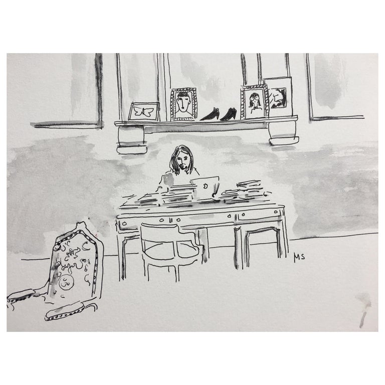 Alessandro Michele in His Studio, Watercolor and Ink on Paper For Sale