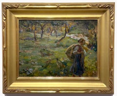 Am Fluss, Italienisch, Ländliche Szene, Bäume, Obstgarten, Genremalerei