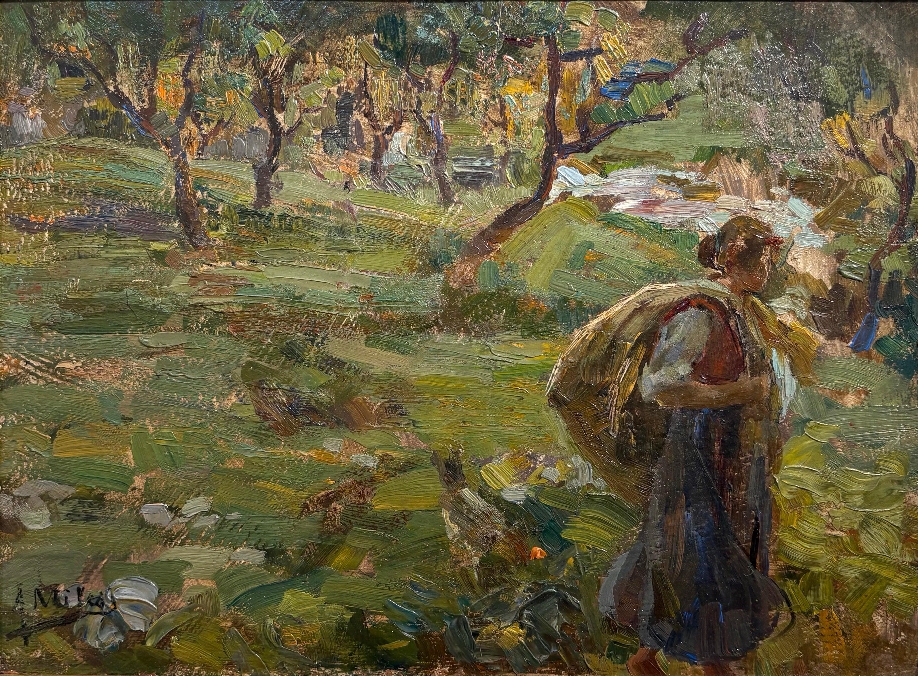 Am Fluss, Italienisch, Ländliche Szene, Bäume, Obstgarten, Genremalerei
