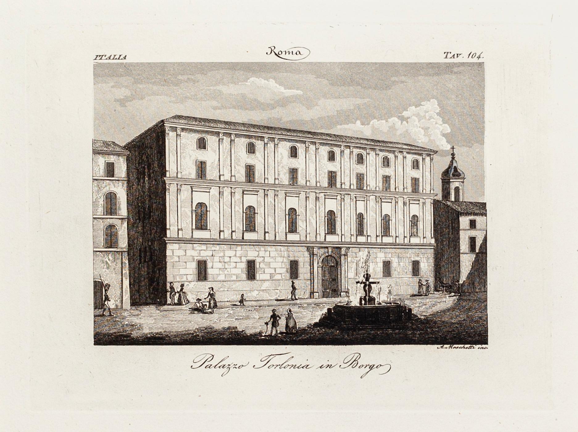Alessandro Moschetti Figurative Print - Palazzo Torlonia in Borgo - Original Etching by A. Moschetti - 19th Century