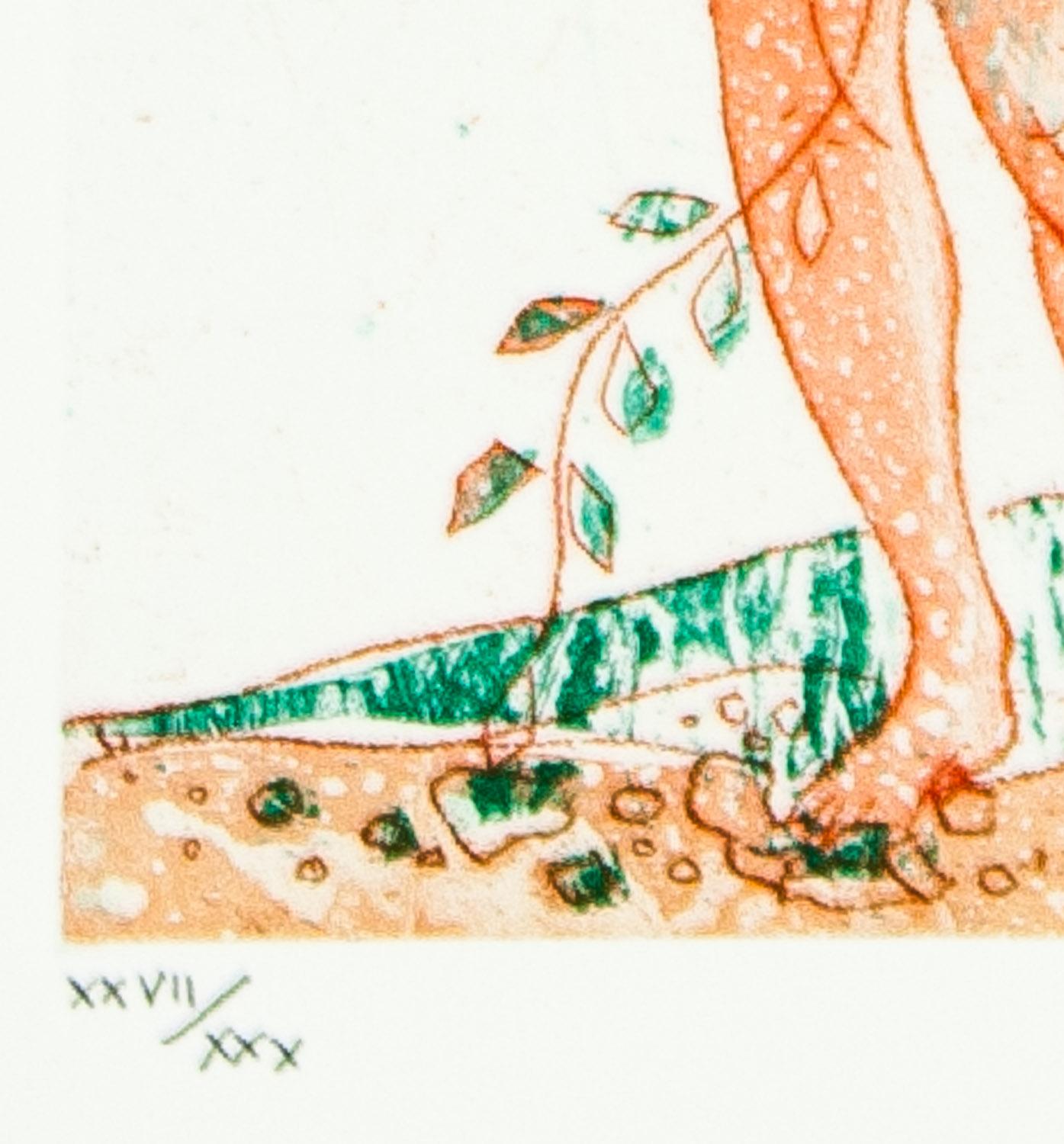    Leaves of Love-Orange Lady is an original signed limited edition (XXII/ XXX) lithograph by Alessandro Nastasio showing a full figured orange colored nude holding flowers in each hand standing with her bare feet on the ground. She appears to have