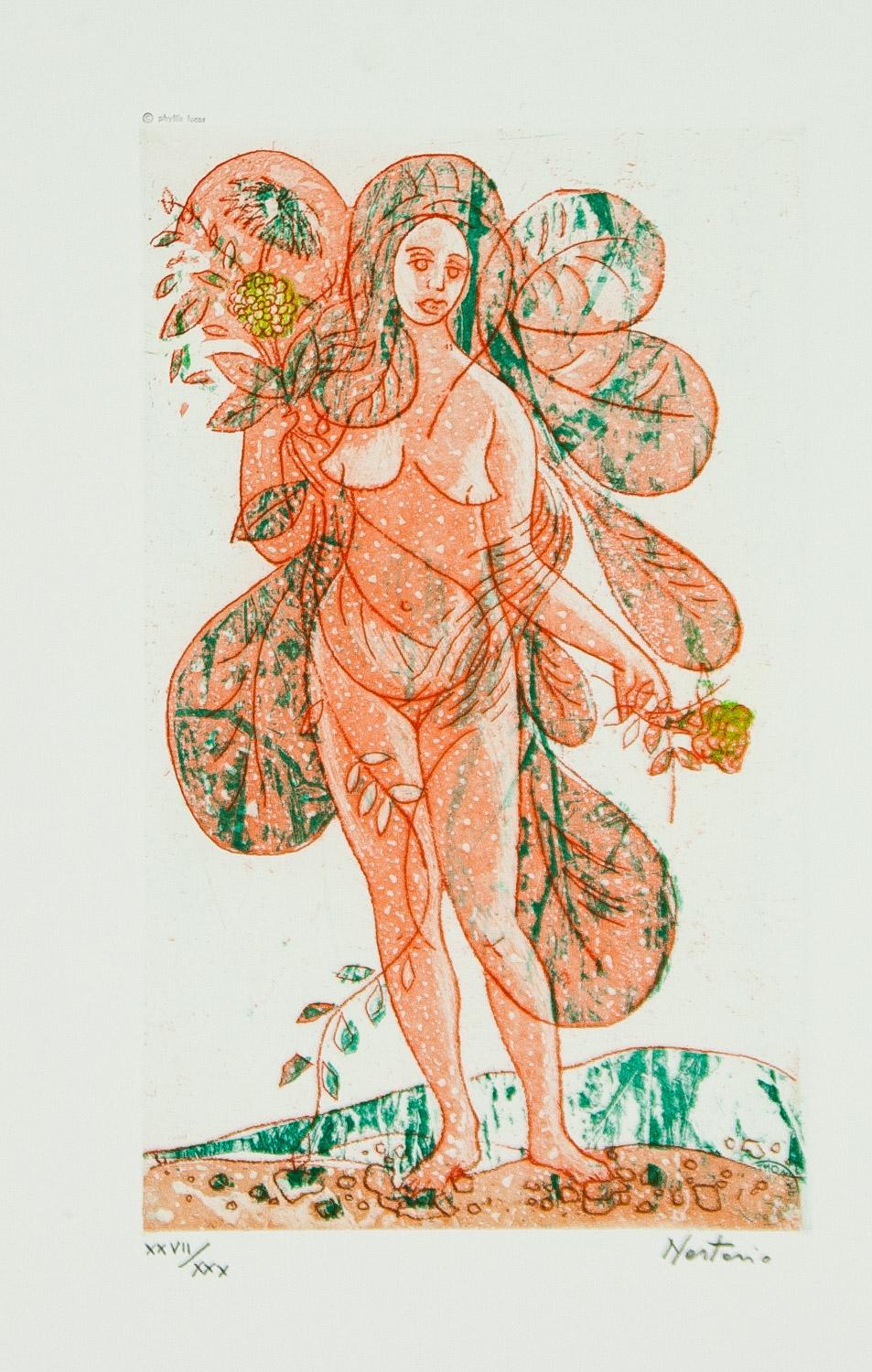    Leaves of Love-Orange Lady est une lithographie originale signée à tirage limité (XXII/ XXX) d'Alessandro Nastasio représentant un nu de couleur orange tenant des fleurs dans chaque main et se tenant debout avec ses pieds nus sur le sol. Elle