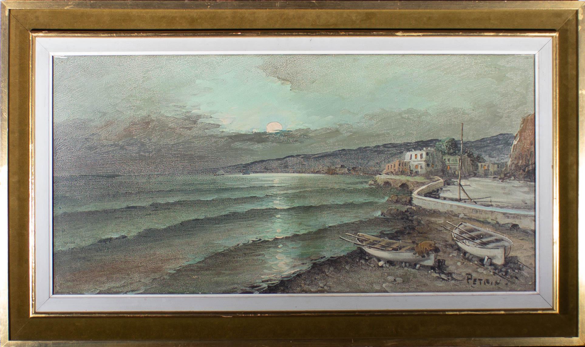 An atmospheric coastal scene showing a Continental settlement on the coast line bathed in bright moonlight. The artist has signed to the lower right corner and the painting has been presented in a substantial gilt frame with green velvet cove and