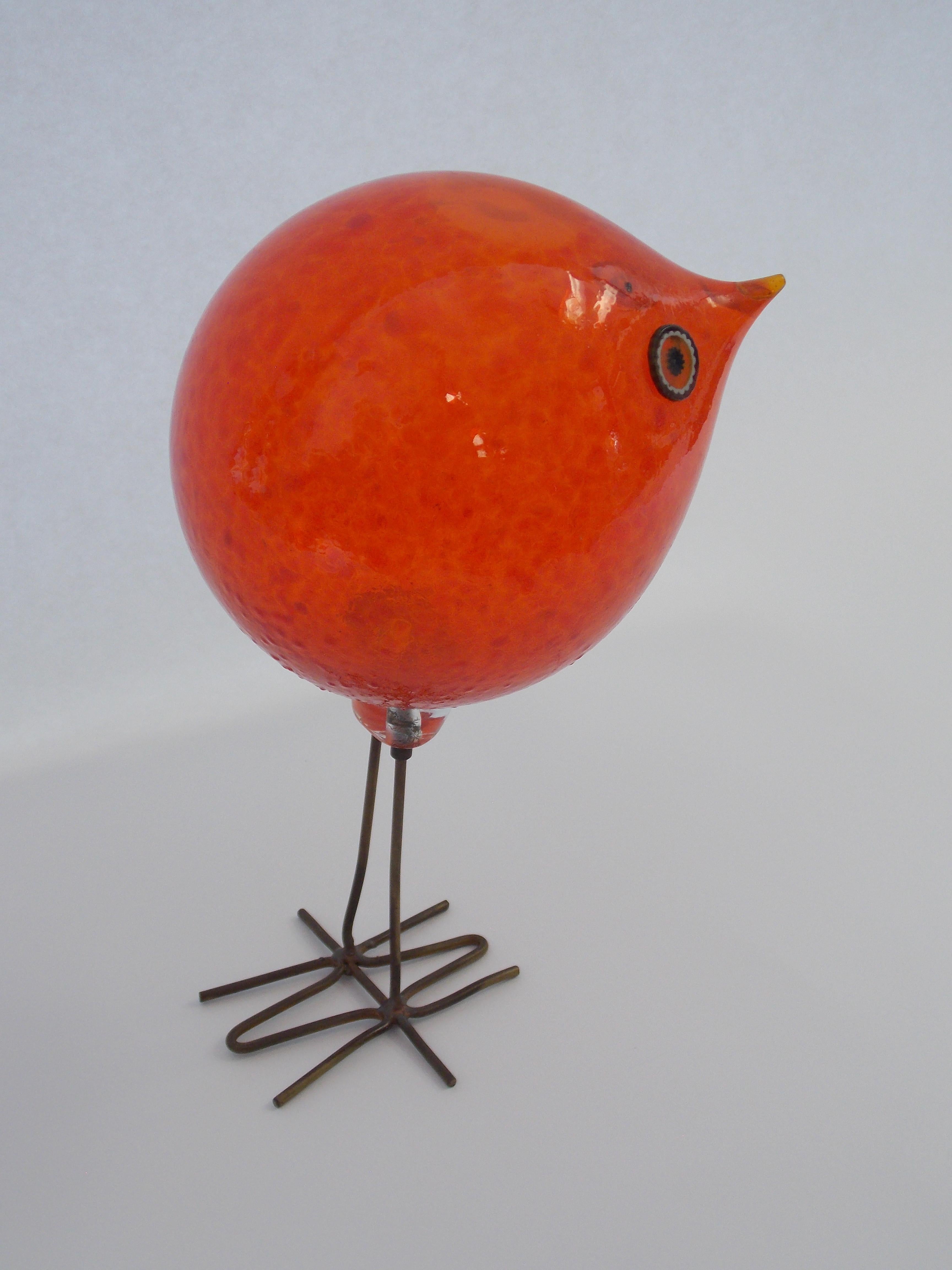 An Orange Pulcini Bird Designed by Alessandro Pianon and manufactured by Vistosi c. 1963o
Smooth surface with copper legs.
Minor carbon black spot, which happens in the making 
The beak was broken and professionally repaired By Old world