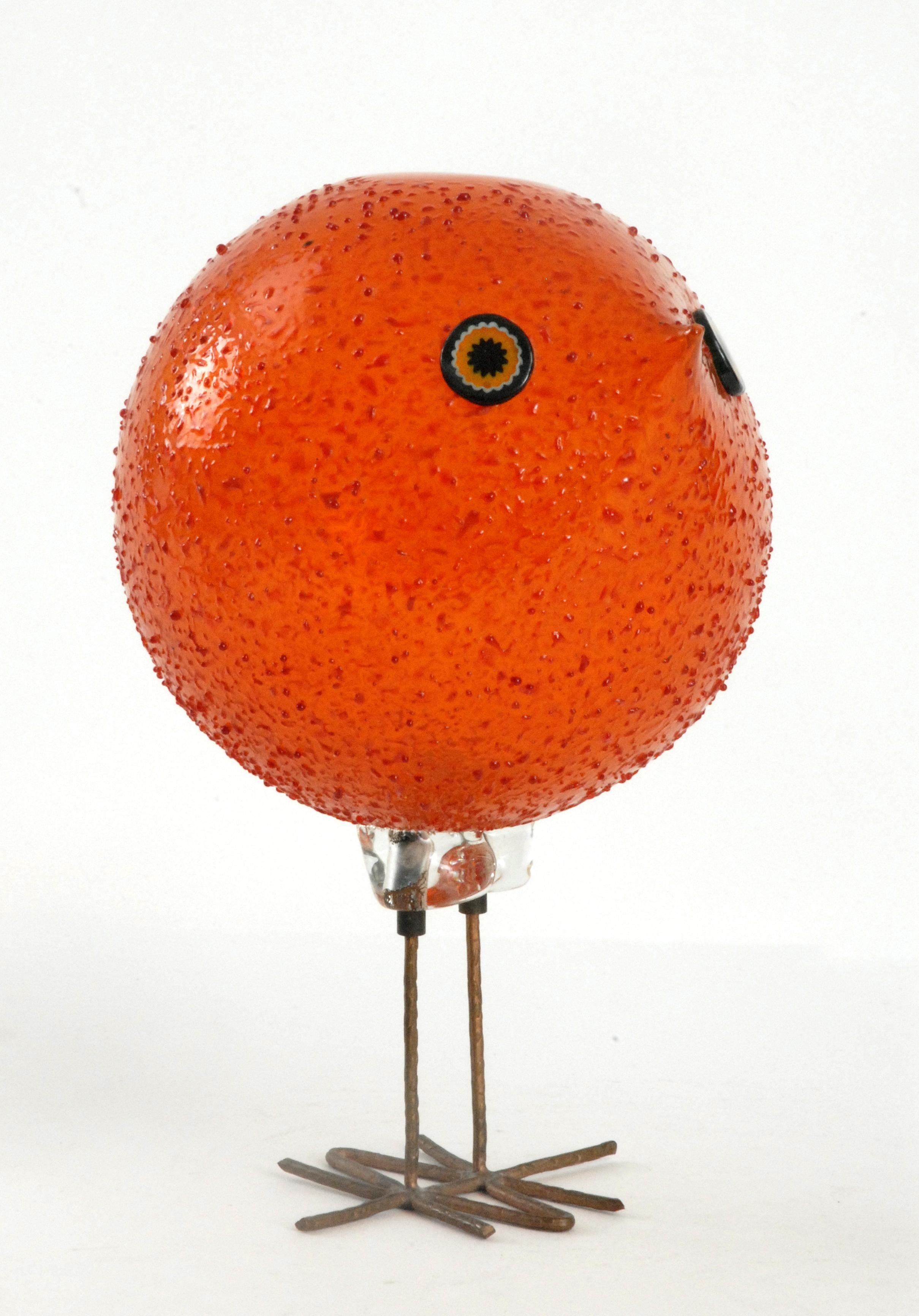 A rare textured orange glass 'Pulcino' with murrine glass eyes and copper feet. Made by Vistosi at Murano in Italy. Designed by Alessandro Pianon in 1963.

 