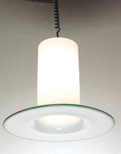 Alessandro Pianon, Vistosi, Rare Set of 3 Murano Lattimo Suspension, Green Bead