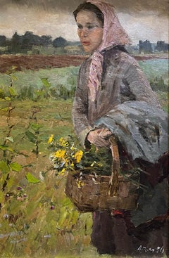 "Contadina" di Alessandro Pomi - Olio su legno - 68x45 cm