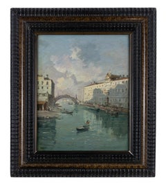 Vista del canal veneciano con góndolas al atardecer - Pintura al óleo de Alessandro Reati - Década de 1860