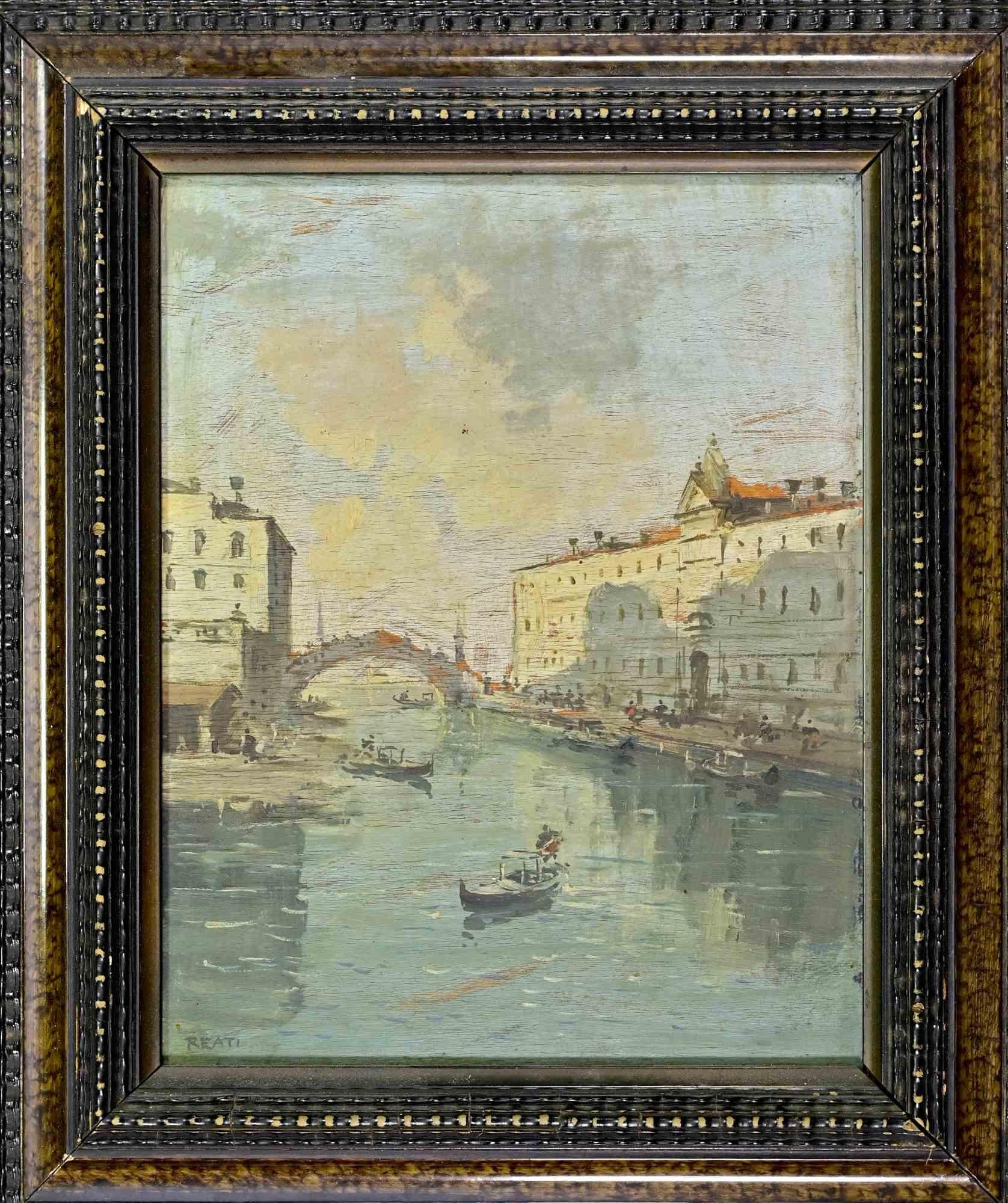 Óleo sobre tabla, realizado en la década de 1860.

Una luminosa y atmosférica veduta veneciana de Alessandro Reati, esta elegante composición capta una góndola deslizándose por un tranquilo canal, enmarcada por el cálido resplandor del cielo del