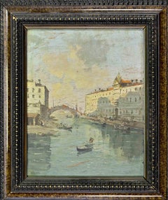 Vista del canal veneciano con góndolas al atardecer - Pintura al óleo de Alessandro Reati - Década de 1860