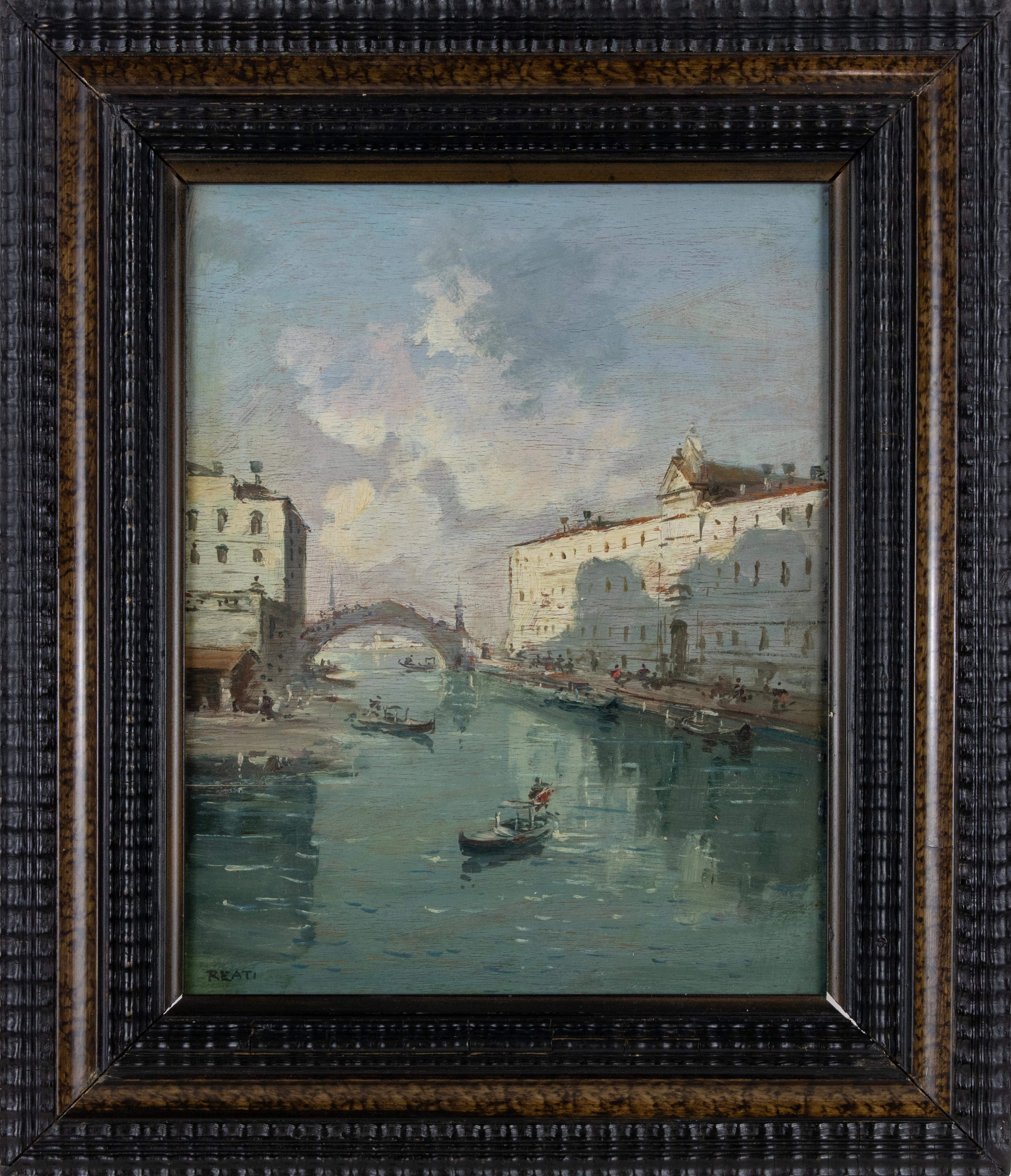 Ansicht des venezianischen Kanals mit Gondeln in der Abenddämmerung - Ölgemälde von Alessandro Reati - 1860er Jahre