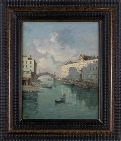 Ansicht des venezianischen Kanals mit Gondeln in der Abenddämmerung - Ölgemälde von Alessandro Reati - 1860er Jahre