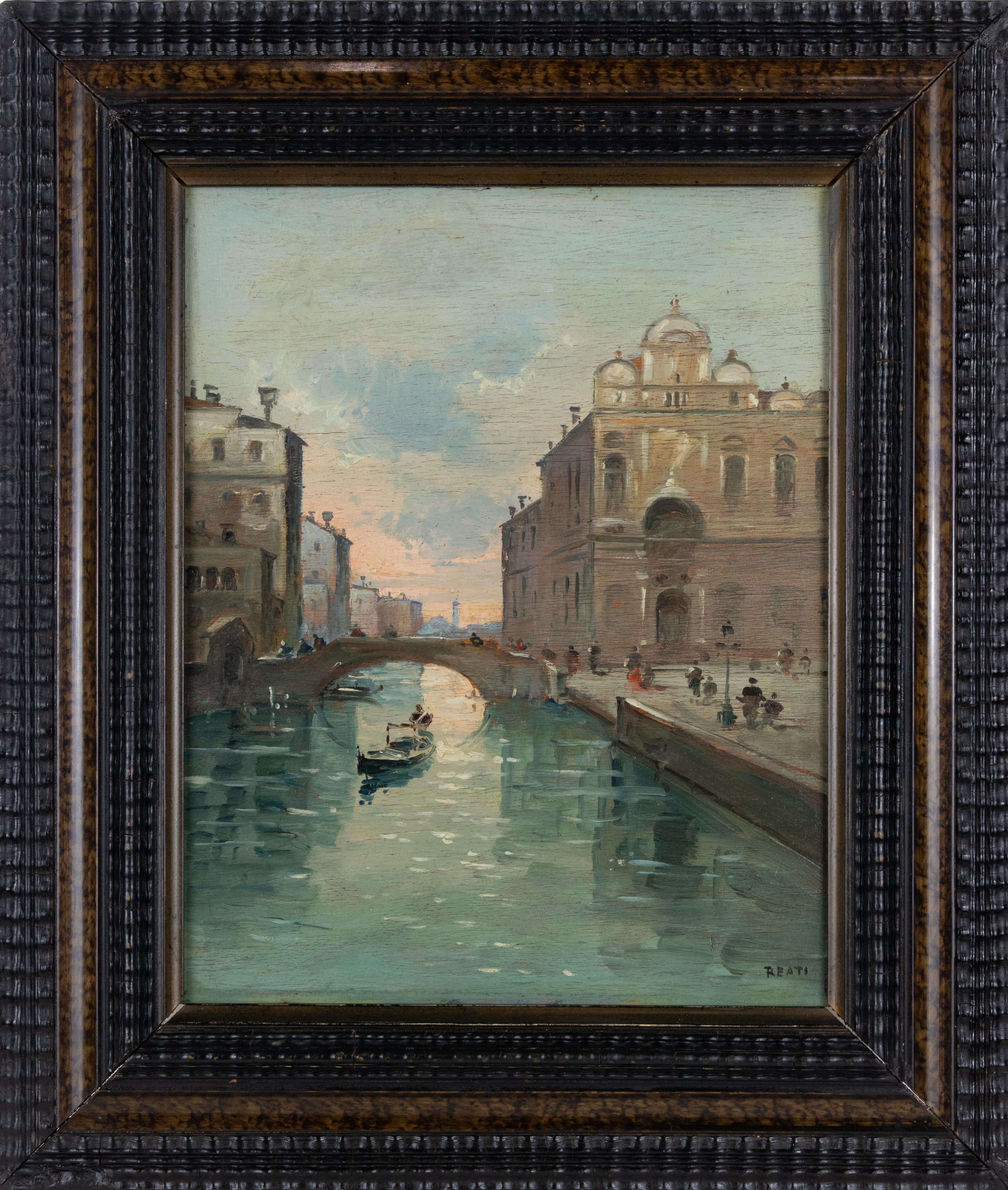 Vue de Venise - Peinture à l
huile par Alessandro Reati - années 1860