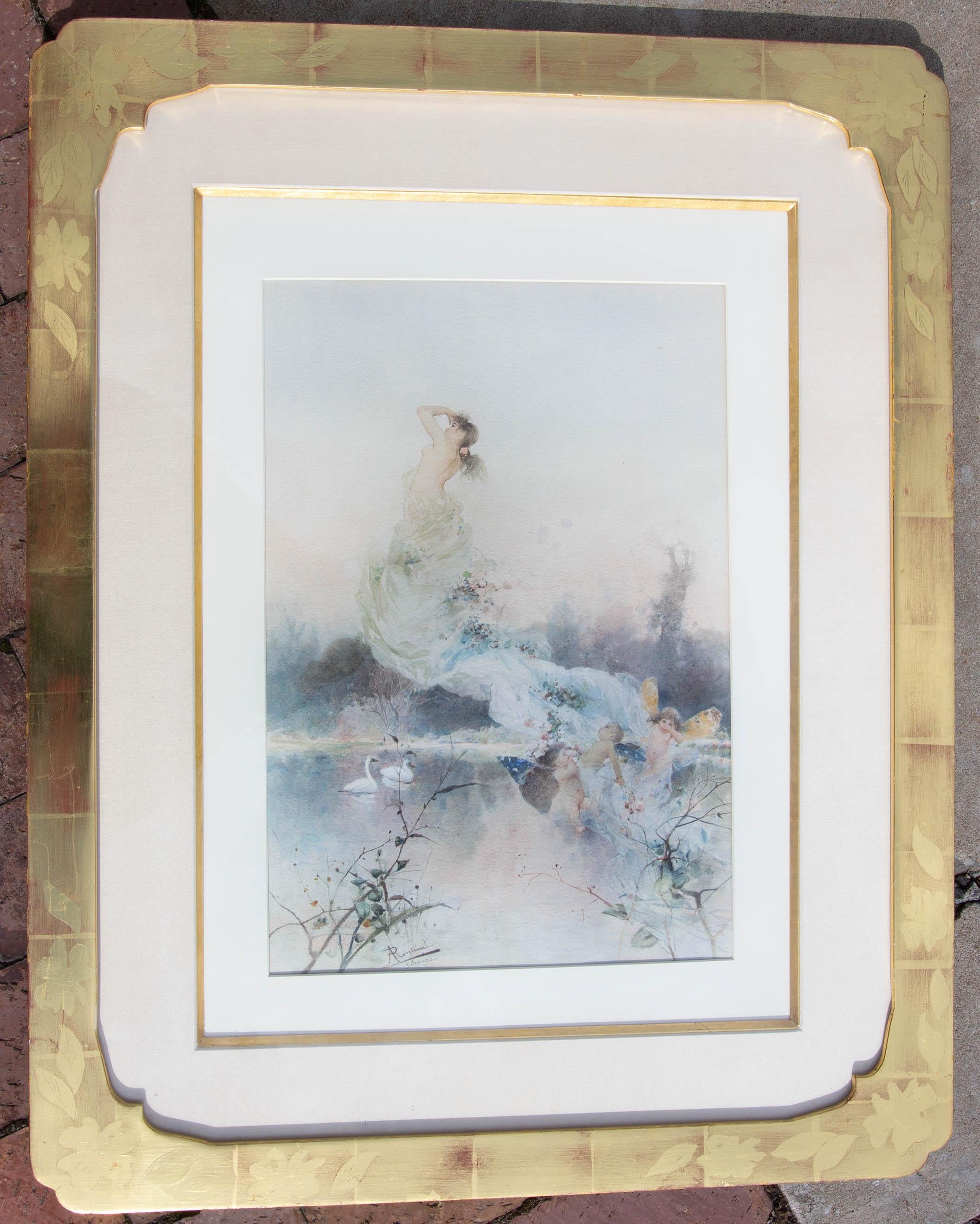 Peinture Art Nouveau d'une jeune fille et de Cupidons espiègles 19ème siècle par Rontini en vente 1