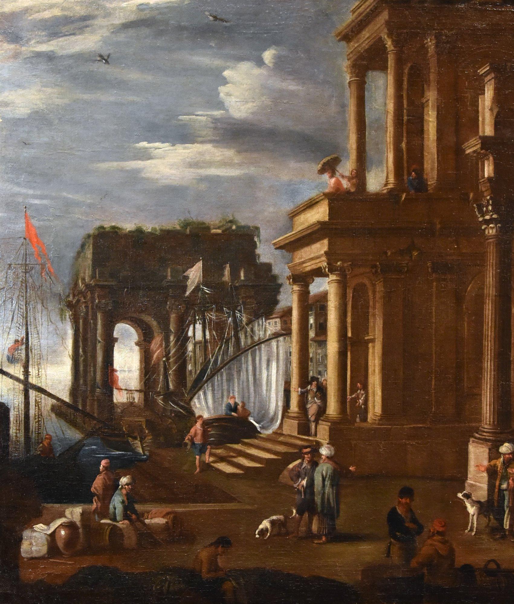 Alessandro Salucci (Florenz, 1590 - Rom, 1657) 

Fantastische Aussicht mit Hafen und architektonischem Capriccio  

Öl auf Leinwand (94 x 129 cm - gerahmt 117 x 156 cm)  

Das Gemälde wird von einem kritischen Bericht von Ferdinando Arisi begleitet 