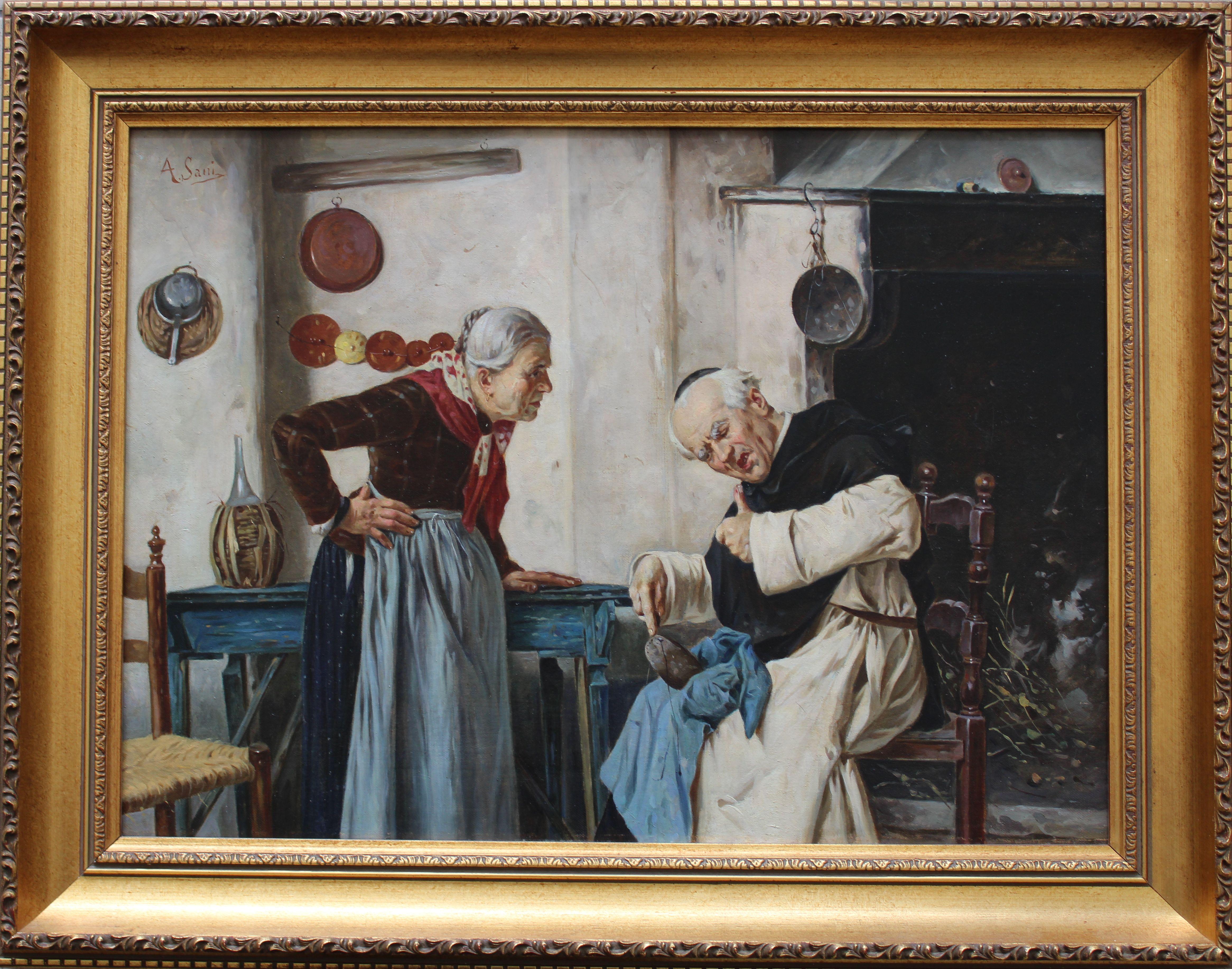 Interior scene. Oil on canvas, 40.5x67 cm - Painting by Alessandro Sani