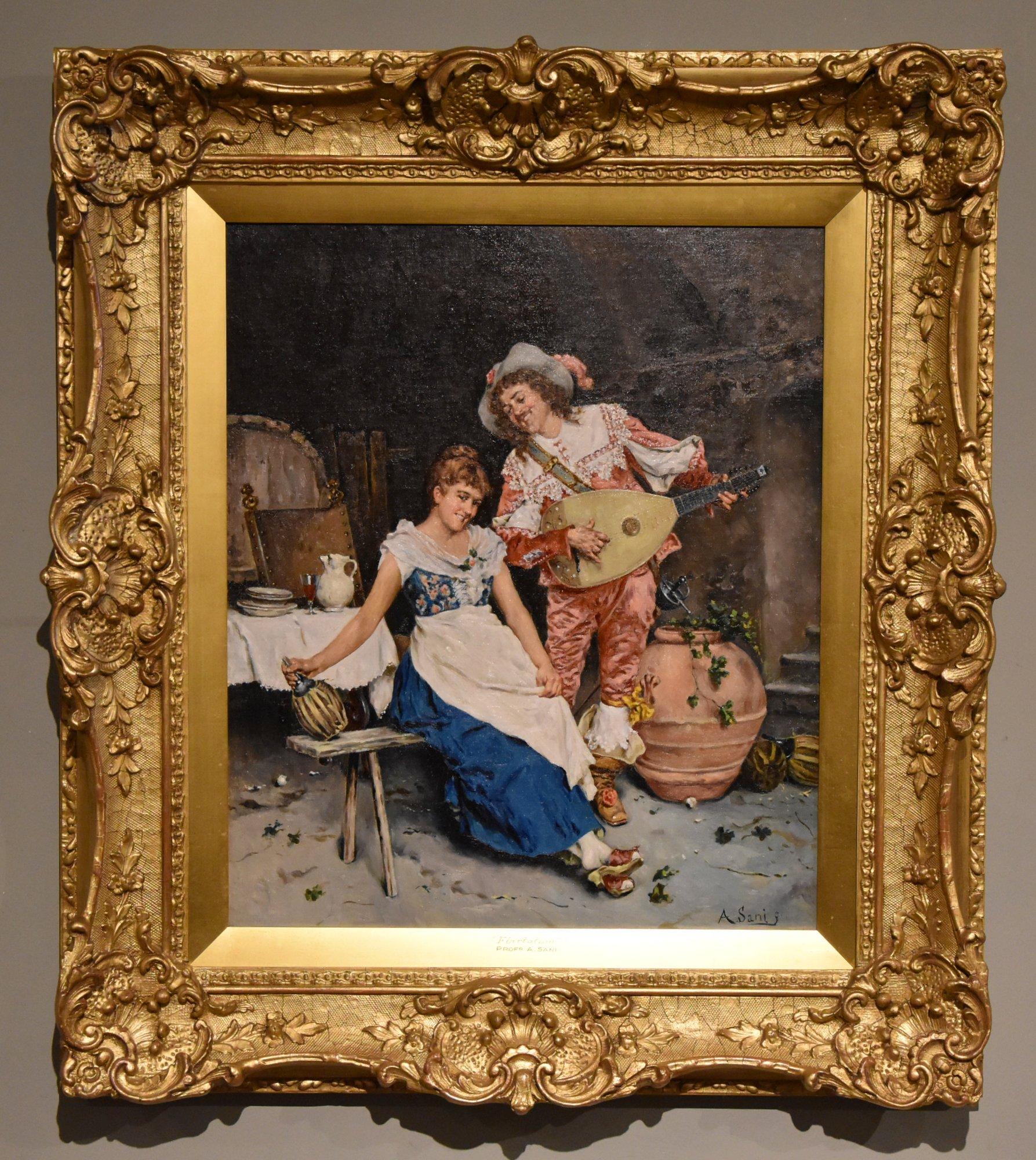 Ölgemälde-Paar von Alessandro Sani "Flirt" 1856 - 1927. Italienischer Maler von häuslichen und historischen Szenen und Professor für Kunst. Mit Sitz in Florenz, malte Mönche, Köche und Kavaliere. In mehreren guten Sammlungen zu finden, darunter die