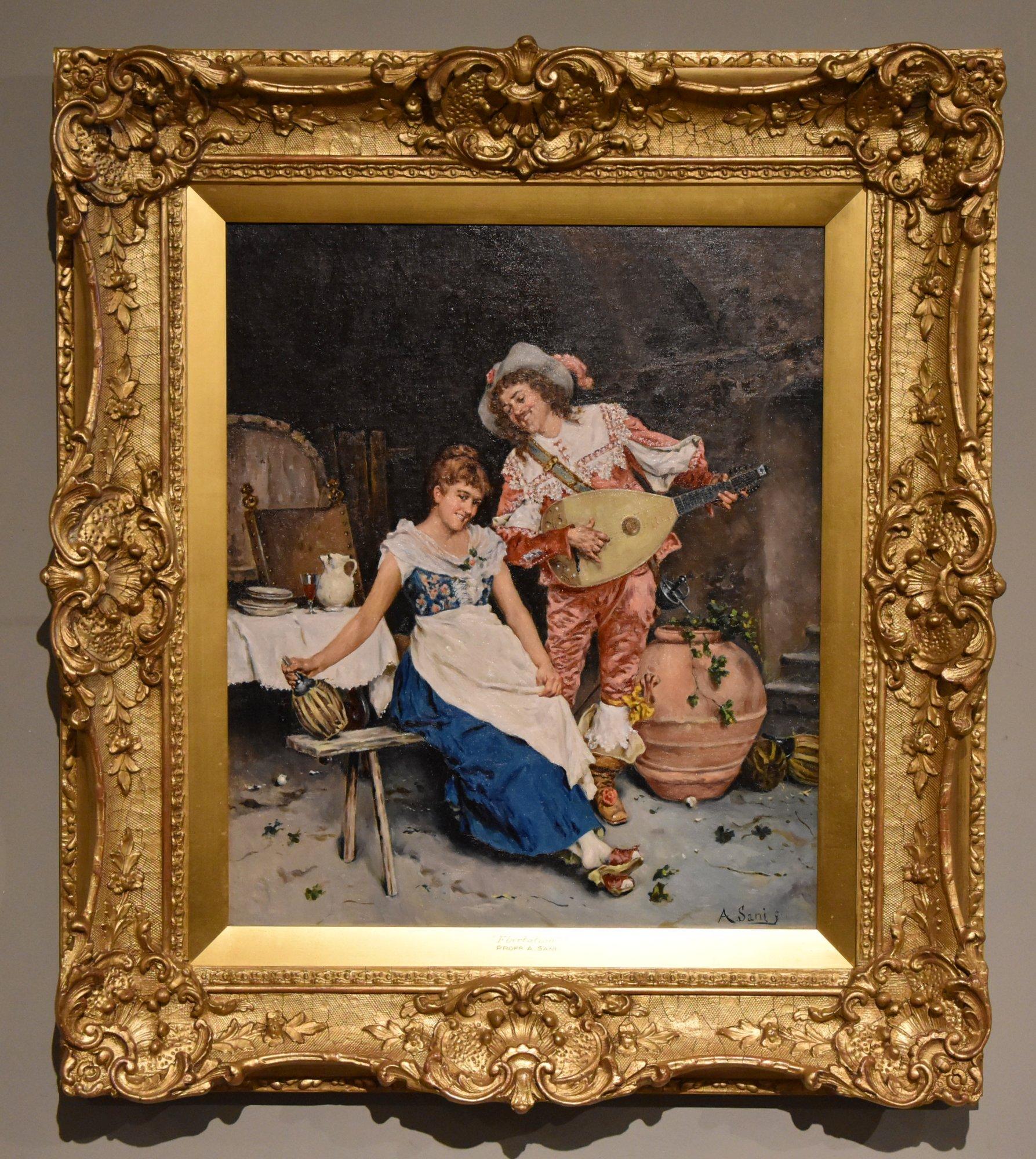 Coppia di dipinti a olio di Alessandro Sani "Flirt" 1856 - 1927. Pittore italiano di scene domestiche e storiche e professore di Arte. Con sede a Firenze, dipingeva monaci chef e cavalieri. Si trova in diverse buone collezioni, tra cui quella di