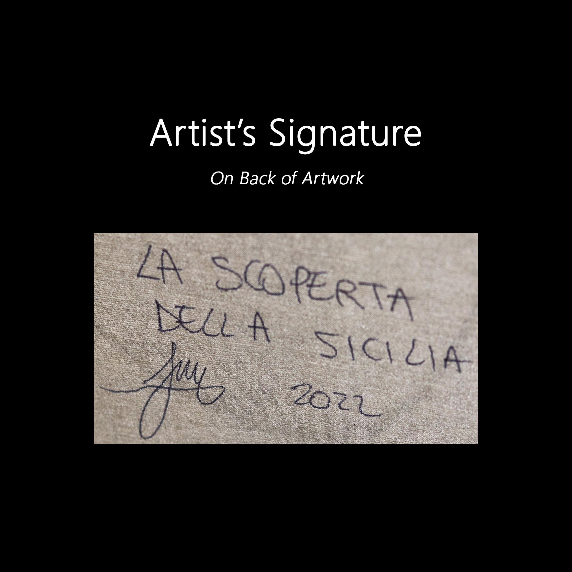 La Scoperta Della Sicilia - Original Figurative Cubist Painting on Canvas For Sale 7