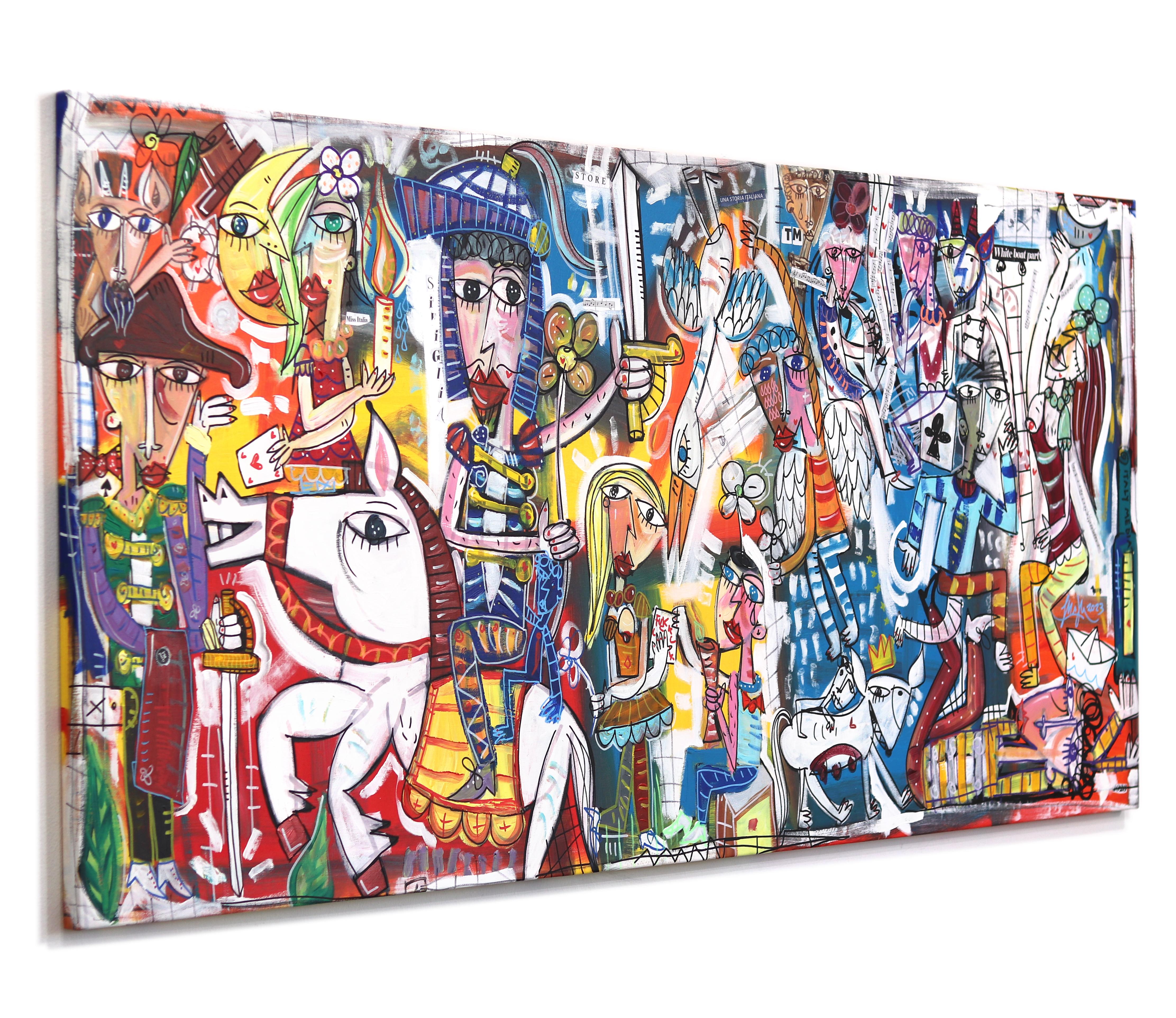 White Boat Party - Peinture cubiste abstraite originale aux couleurs vibrantes en vente 1