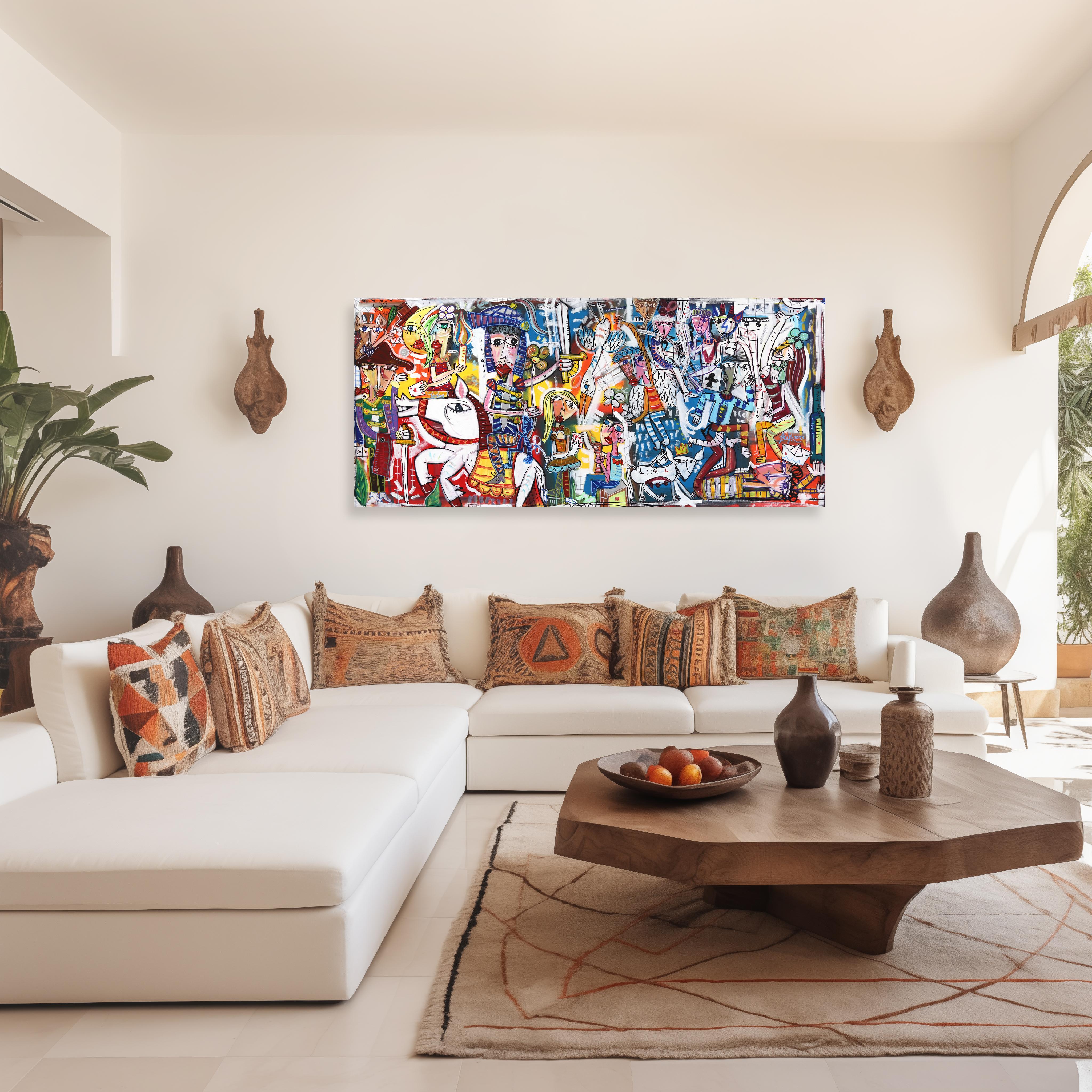 White Boat Party - Peinture cubiste abstraite originale aux couleurs vibrantes en vente 3