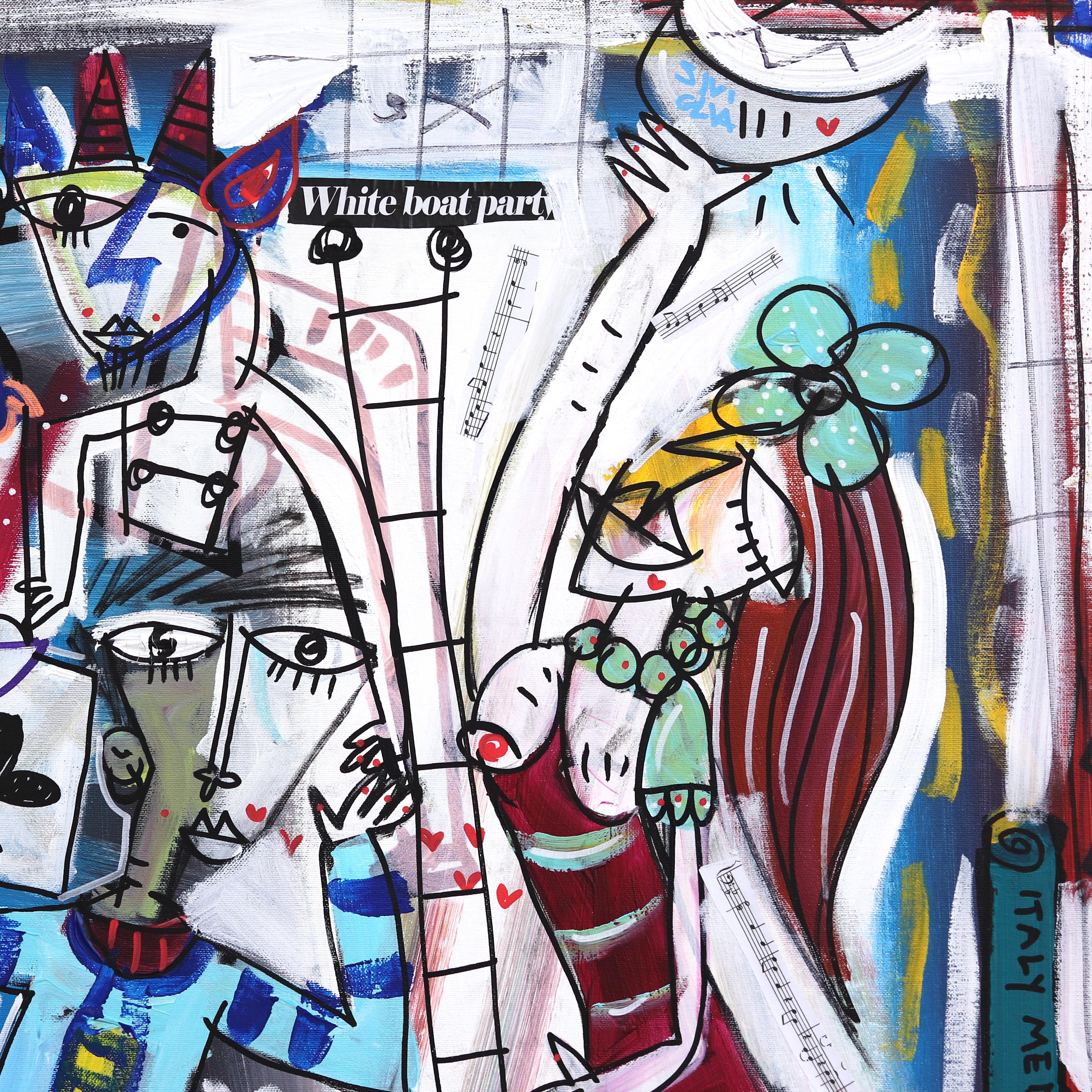 White Boat Party - Peinture cubiste abstraite originale aux couleurs vibrantes en vente 4